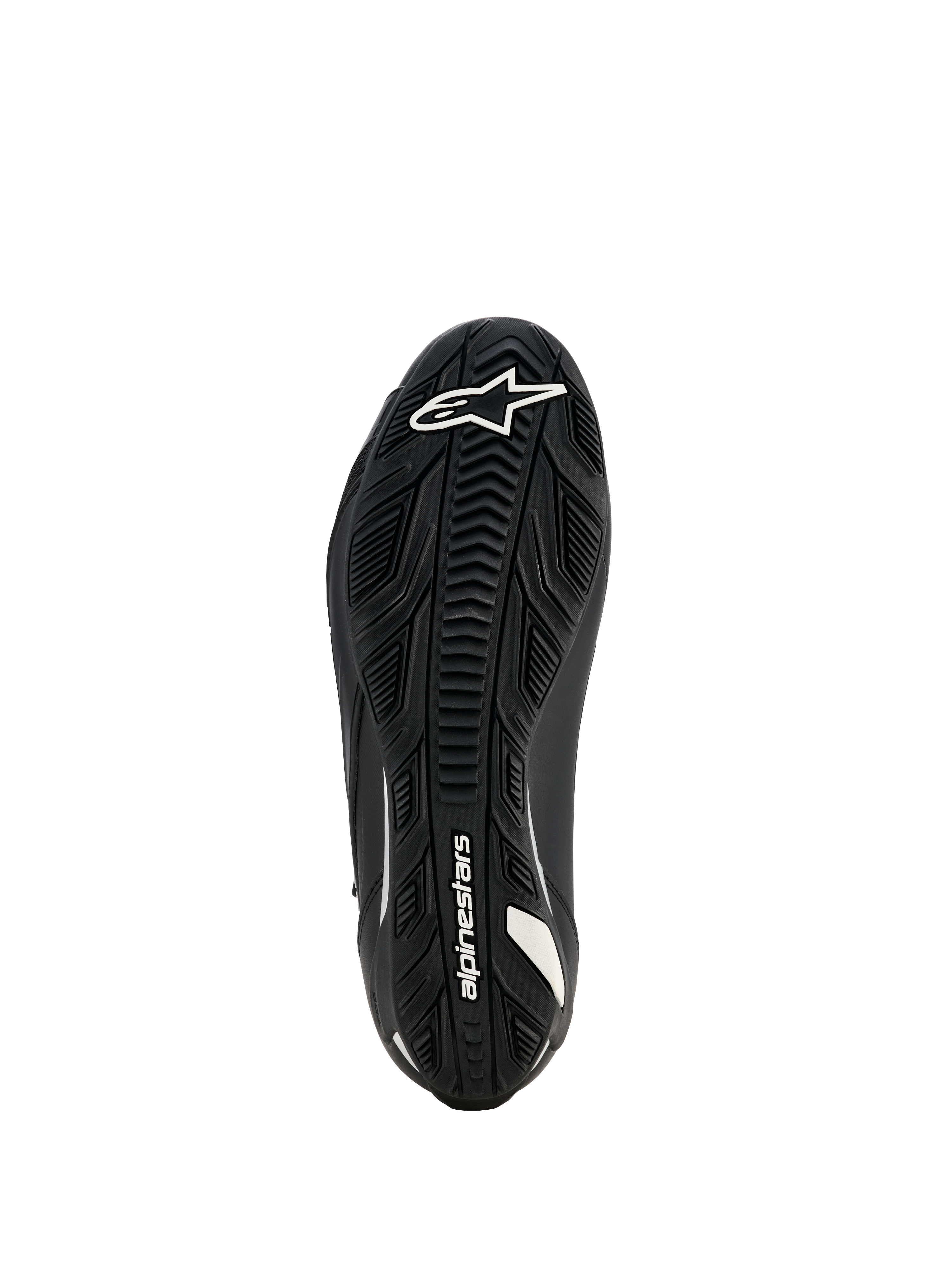 Alpinestars Stella Faster-4 Drystar sko til kvinder, motorcykelsko, sort, visning af sålen med tekstureret gummiydersål, hvidt Alpinestars-logo og branding, designet til overlegent greb og holdbarhed