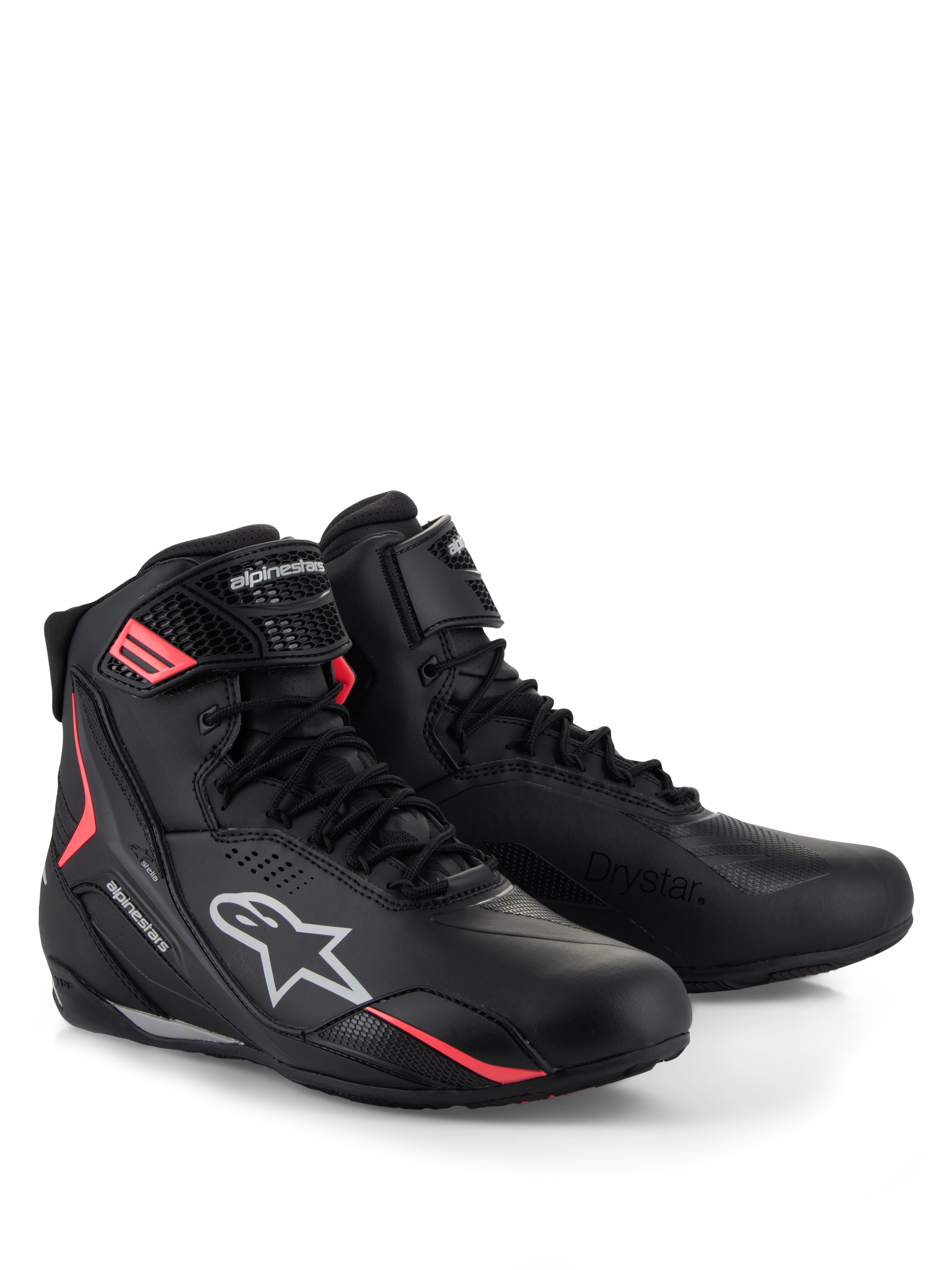 Alpinestars Stella Faster-4 Drystar® sko, motorcykelsko til damer, sort, grå og koralfluo, med vandtæt Drystar®-teknologi, snørelukning med sikker velcrostrop og livlige koralfarvede detaljer med hvidt Alpinestars-logo