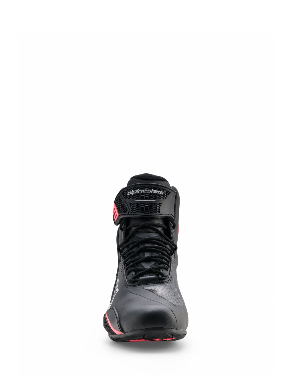Alpinestars Stella Faster-4 Drystar® sko, motorcykelsko til kvinder, sort, grå og Coral Fluo, set forfra med snørelukning, beskyttende ankelstrop med logo og koralfarvede detaljer