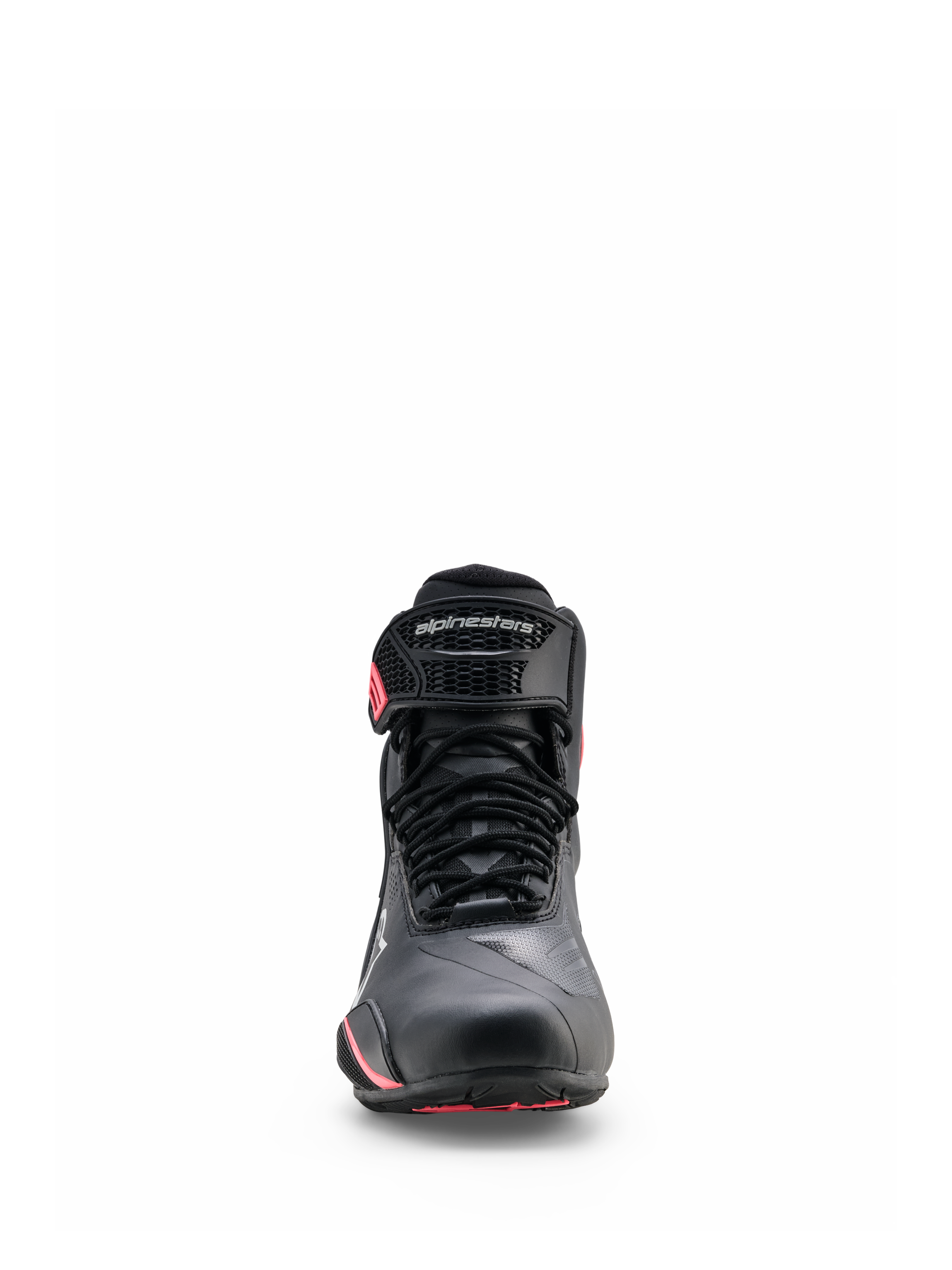 Alpinestars Stella Faster-4 Drystar® sko, motorcykelsko til kvinder, sort, grå og Coral Fluo, set forfra med snørelukning, beskyttende ankelstrop med logo og koralfarvede detaljer