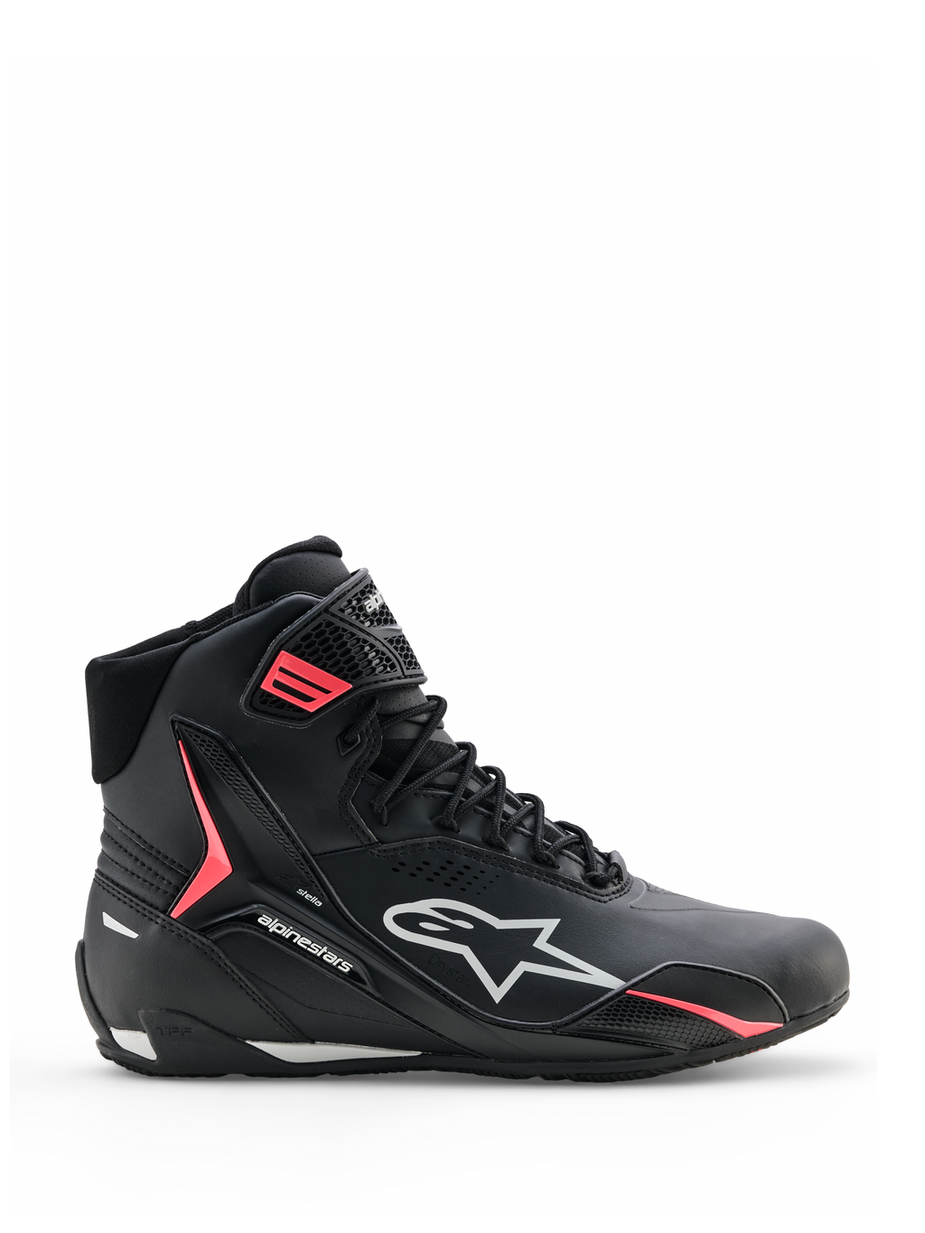 Alpinestars Stella Faster-4 Drystar® sko, motorcykelsko til damer, sort med grå og Coral Fluo accenter, high-top design med branding på siden og velcrostrop, vandtæt mikrofiber til sportskørsel