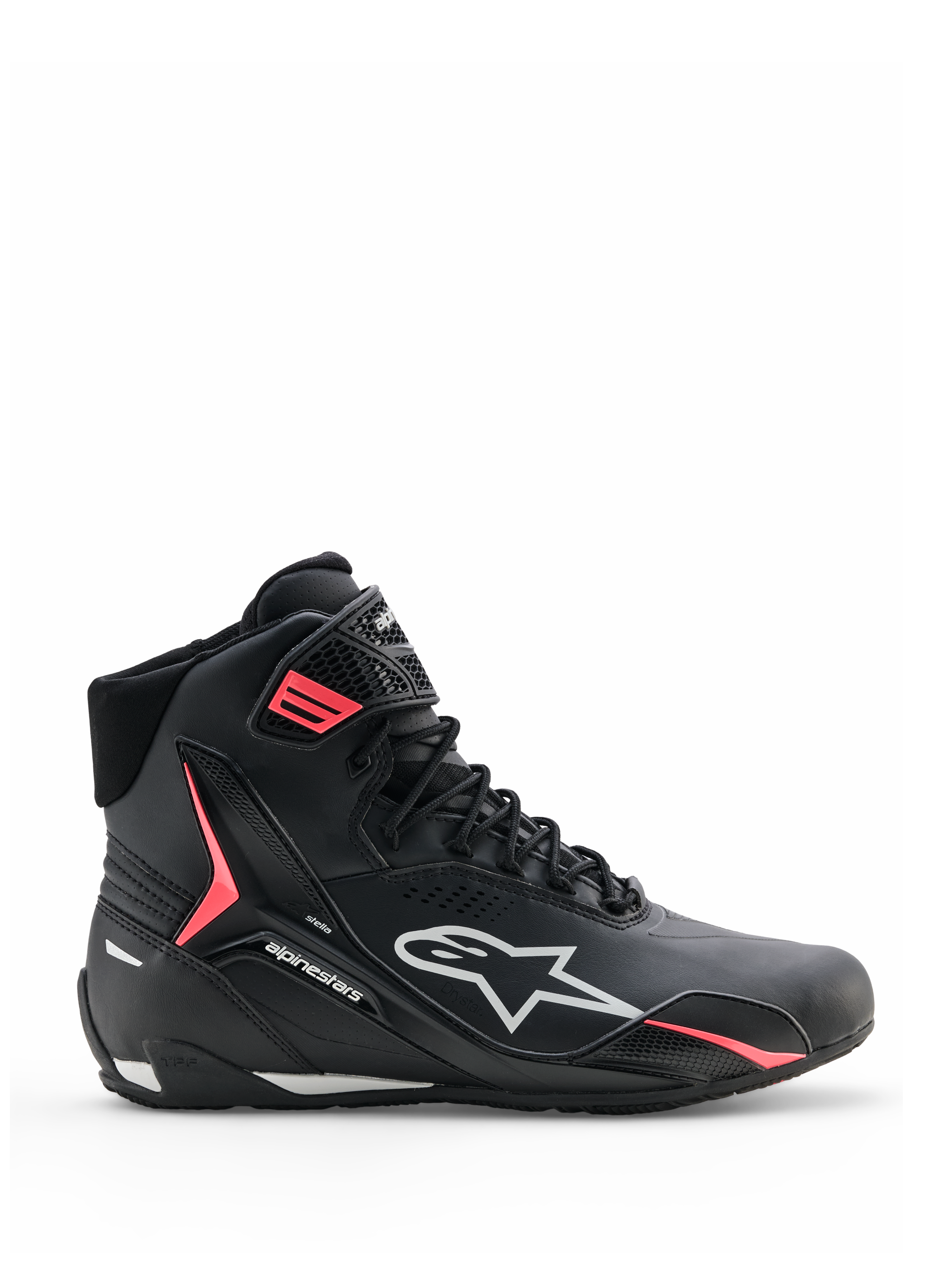 Alpinestars Stella Faster-4 Drystar® sko, motorcykelsko til damer, sort med grå og Coral Fluo accenter, high-top design med branding på siden og velcrostrop, vandtæt mikrofiber til sportskørsel