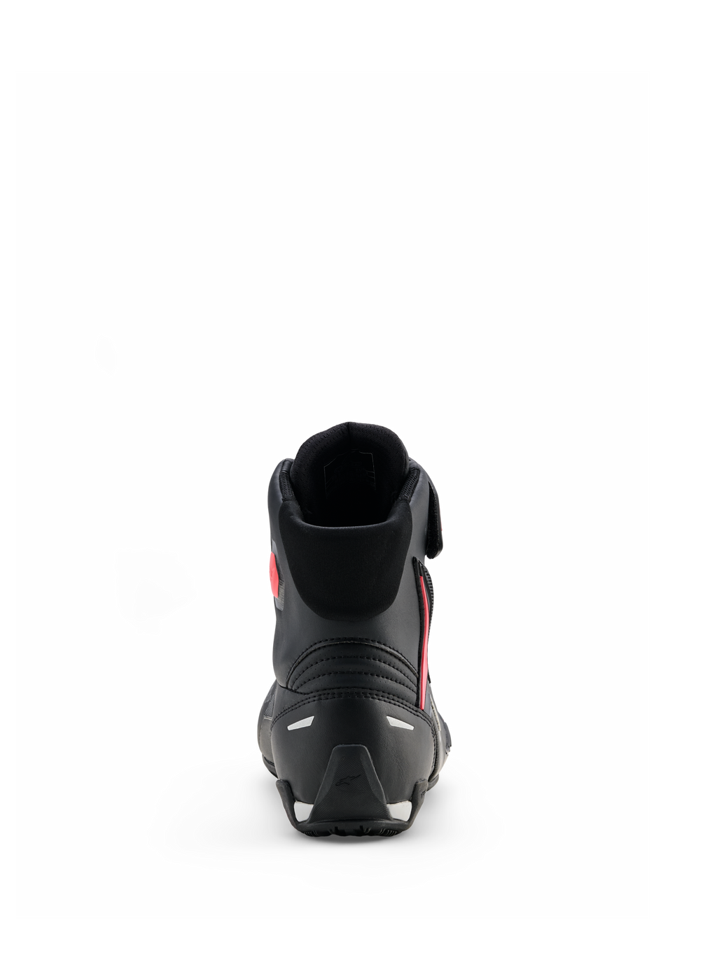 Alpinestars Stella Faster-4 Drystar® sko til kvinder, sort, grå og koral fluo, set bagfra med hælstøtte og reflekterende detaljer, vandtætte motorcykelsko med et sportsinspireret design til damer