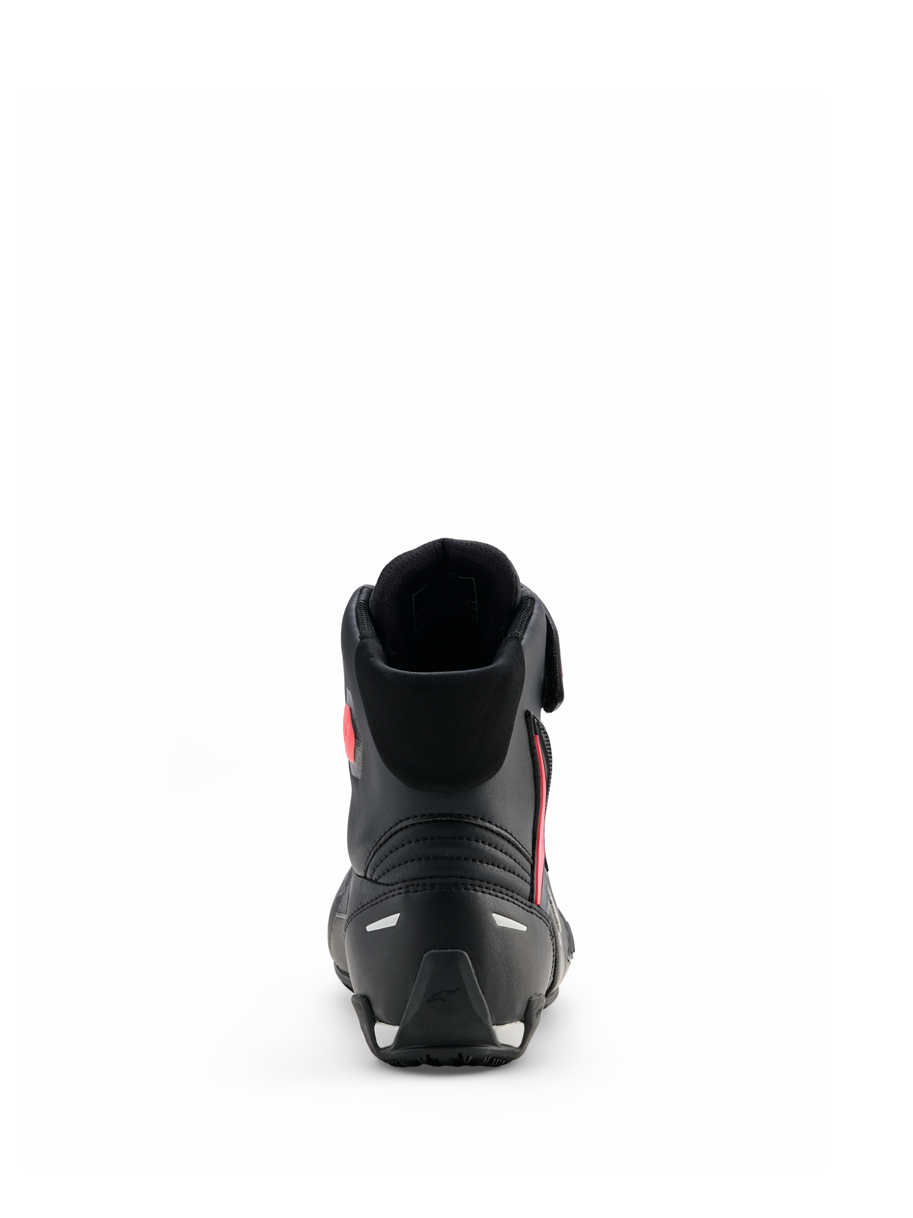 Alpinestars Stella Faster-4 Drystar® sko til kvinder, sort, grå og koral fluo, set bagfra med hælstøtte og reflekterende detaljer, vandtætte motorcykelsko med et sportsinspireret design til damer