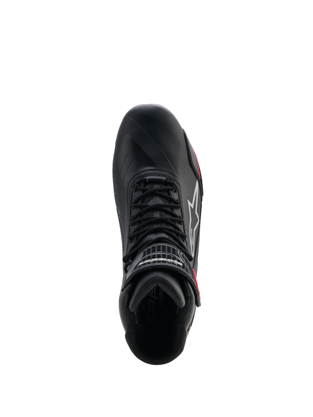 Alpinestars Stella Faster-4 Drystar® sko til damer, motorcykelsko, sort, grå og koral fluo, set oppefra med snøresystem og ankelrem med velcrolukning, strømlinet mikrofiberdesign med vandtæt Drystar®-teknologi