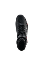Alpinestars Stella Faster-4 Drystar® sko til damer, motorcykelsko, sort, grå og koral fluo, set oppefra med snøresystem og ankelrem med velcrolukning, strømlinet mikrofiberdesign med vandtæt Drystar®-teknologi