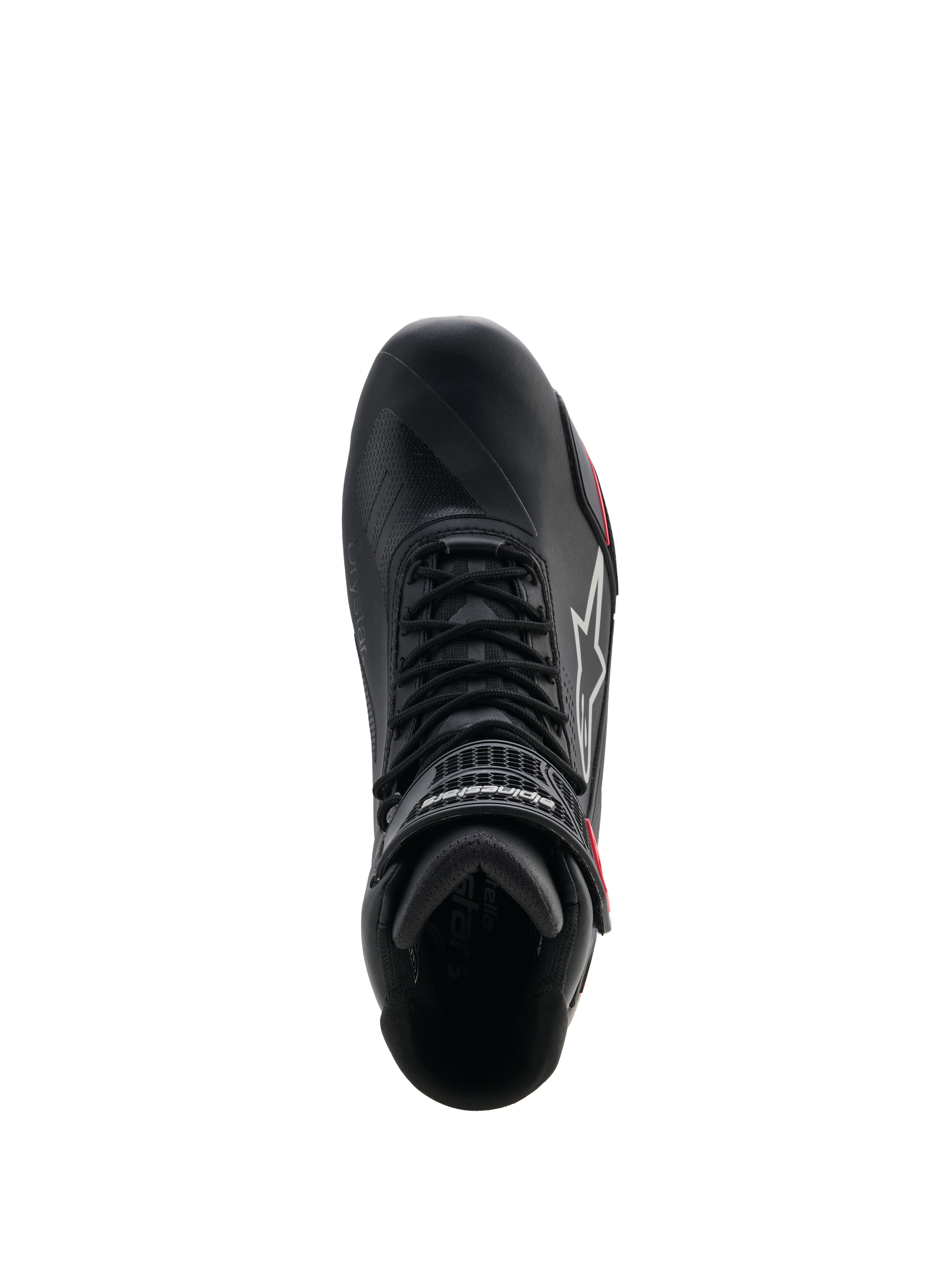 Alpinestars Stella Faster-4 Drystar® sko til damer, motorcykelsko, sort, grå og koral fluo, set oppefra med snøresystem og ankelrem med velcrolukning, strømlinet mikrofiberdesign med vandtæt Drystar®-teknologi