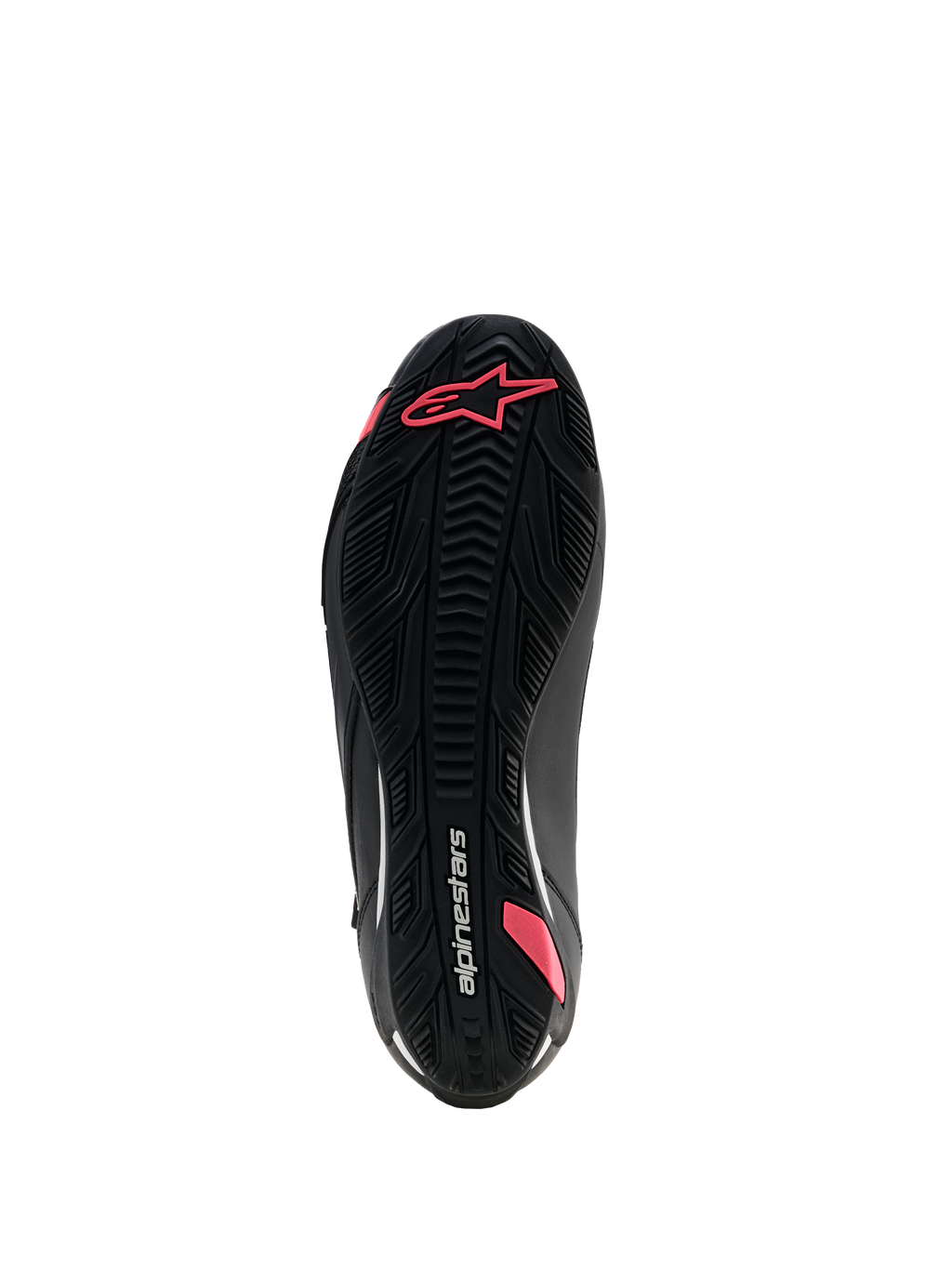 Alpinestars Stella Faster-4 Drystar® sko, motorcykelsko til damer, sort og koral-fluo, set nedefra af den teksturerede gummisål med grebsmønster, Astars-logo og Alpinestars-branding.