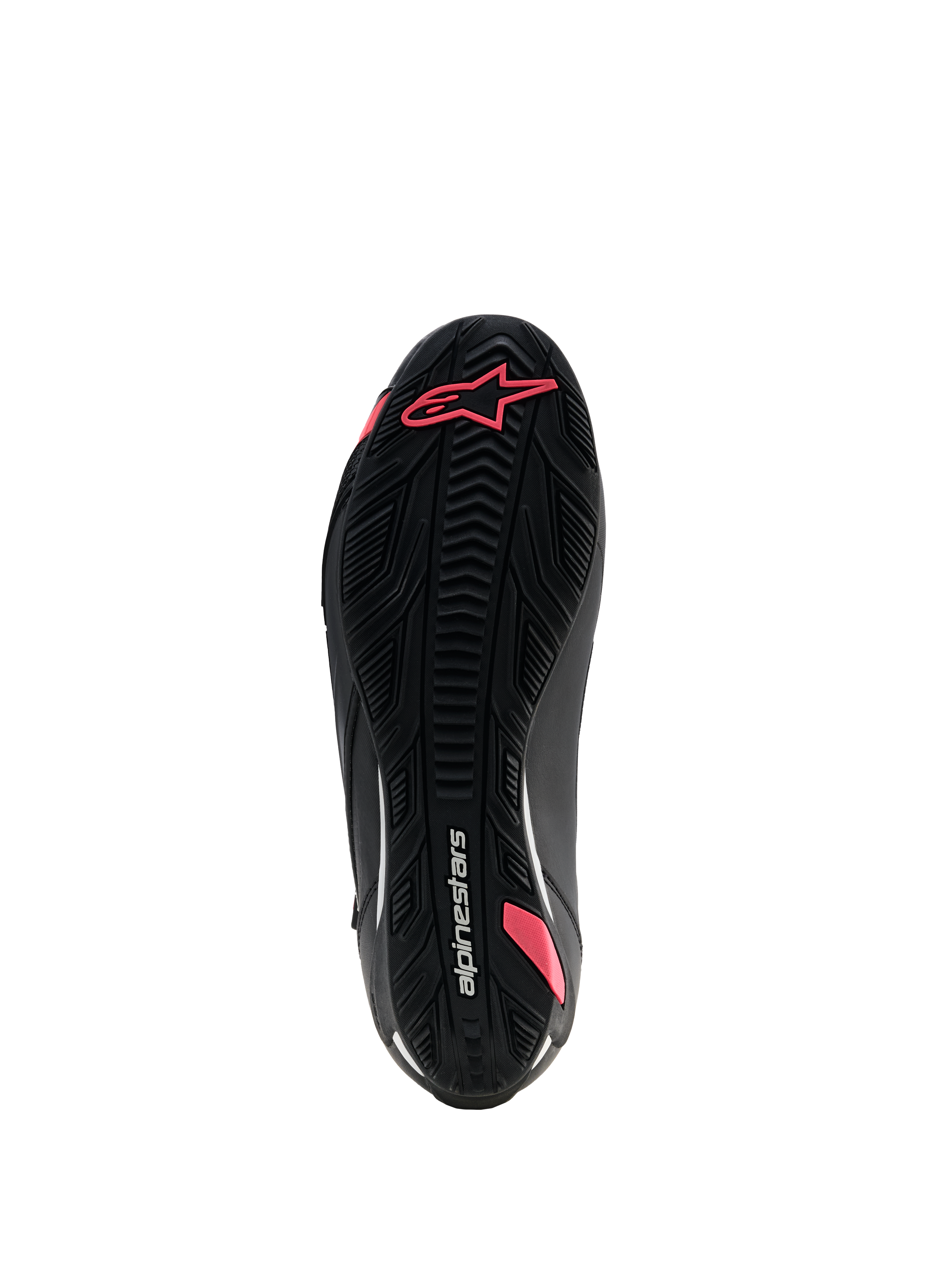 Alpinestars Stella Faster-4 Drystar® sko, motorcykelsko til damer, sort og koral-fluo, set nedefra af den teksturerede gummisål med grebsmønster, Astars-logo og Alpinestars-branding.
