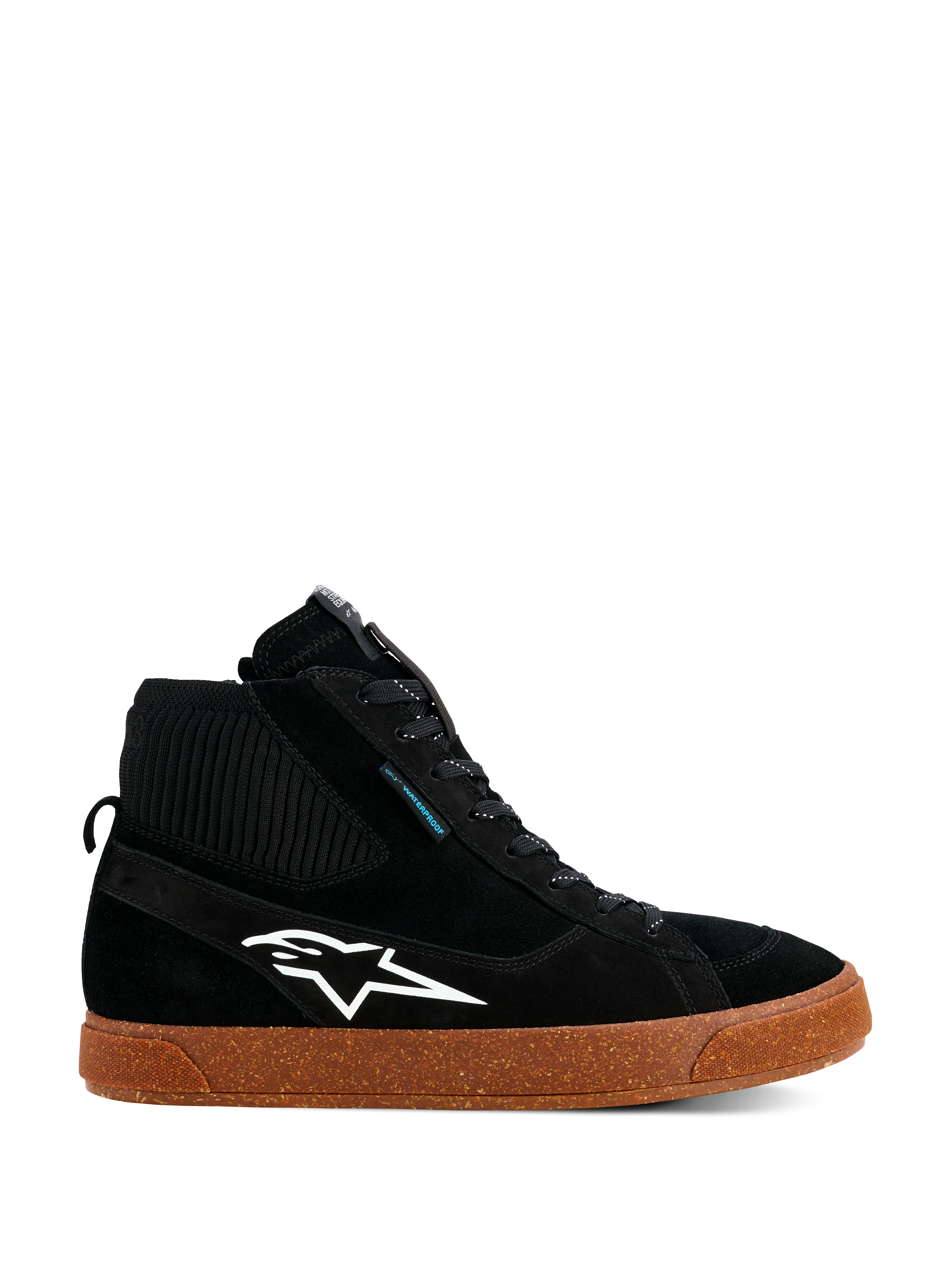 Alpinestars Stated Waterproof Shoes, Black High-Top Riding Sneakers, Suede and Knitted Construction, White Alpinestars Logo, Speckled Brown Gum Vulcanized Sole, Urban Motorcycle Footwear, Modern Skate-Inspired Design