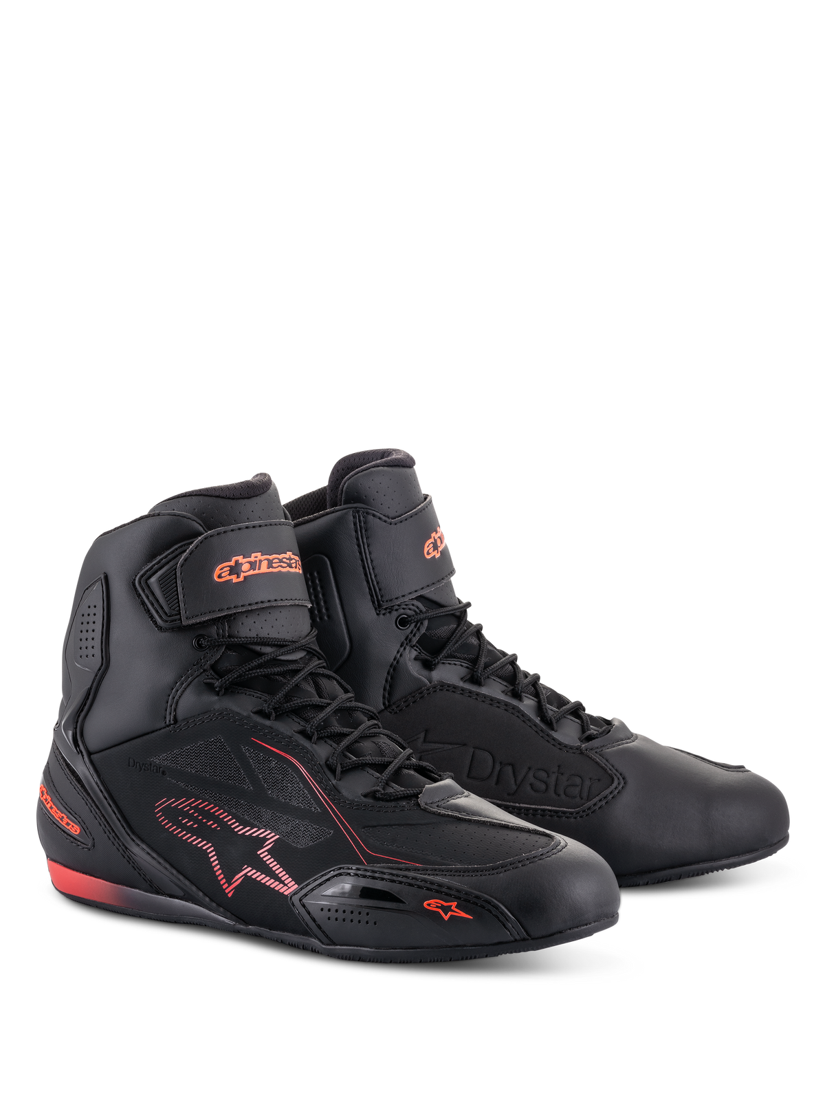 Alpinestars Faster-3 Drystar® sko, motorcykel-køresko, sort og fluorescerende rød, med høj profil, snørelukning og ankelrem, mikrofiberkonstruktion med fluorescerende røde logoer og detaljer