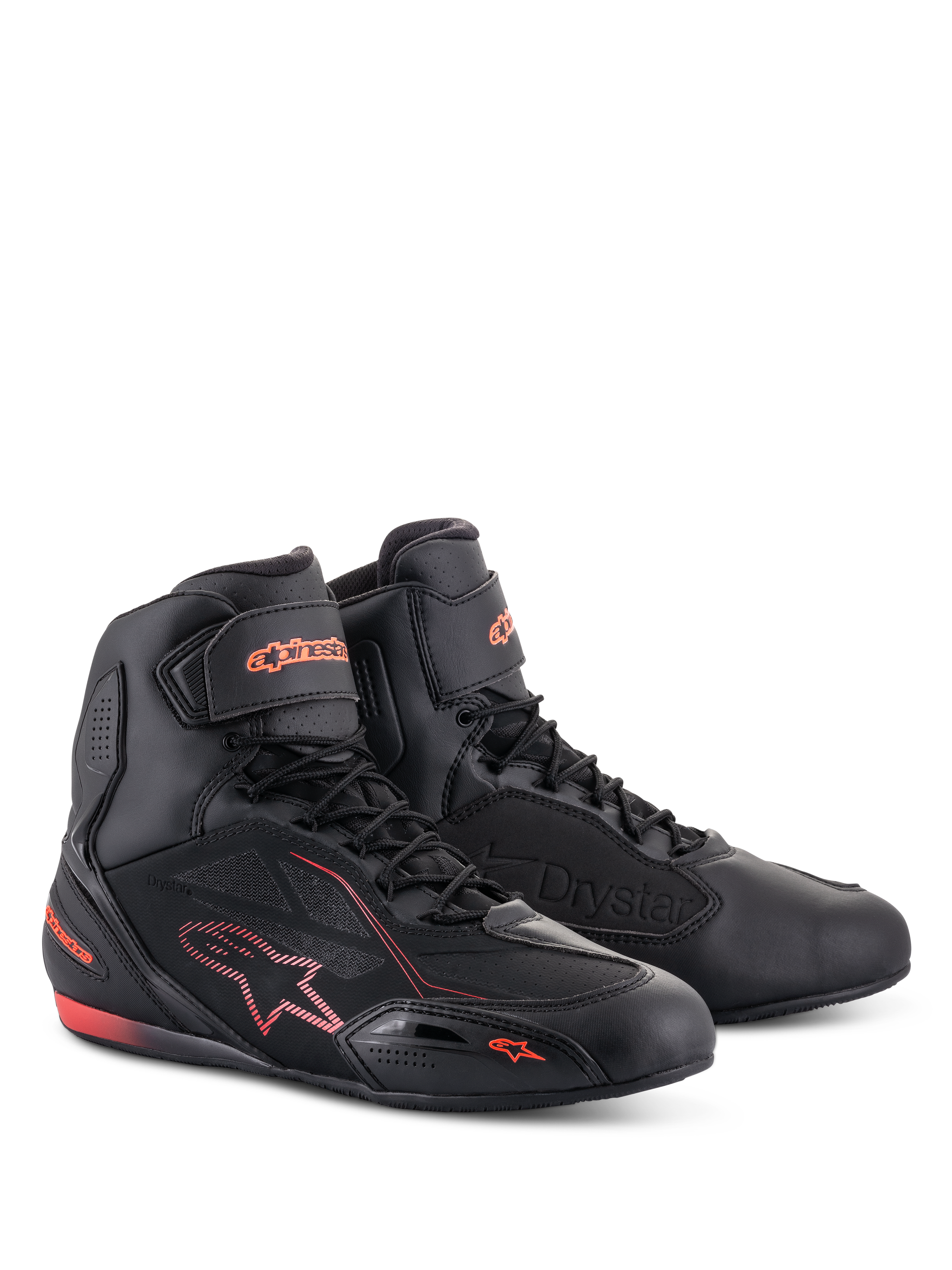 Alpinestars Faster-3 Drystar® sko, motorcykel-køresko, sort og fluorescerende rød, med høj profil, snørelukning og ankelrem, mikrofiberkonstruktion med fluorescerende røde logoer og detaljer
