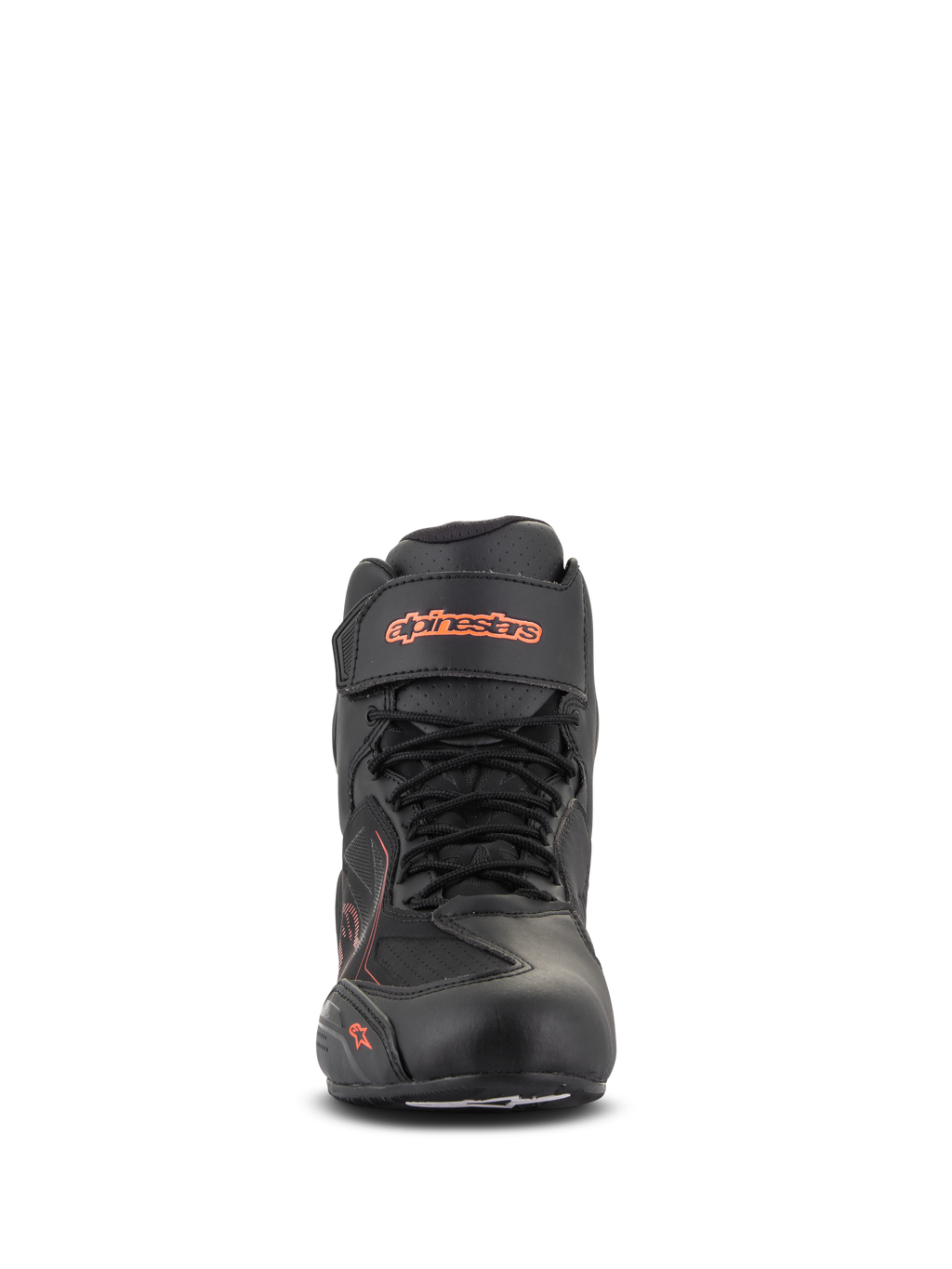 Alpinestars Faster-3 Drystar® sko, sort og rød fluo, set forfra, vandtæt motorcykelsko med mikrofiber-chassis, snøredesign med velcro-ankelrem, fluorescerende logo-branding