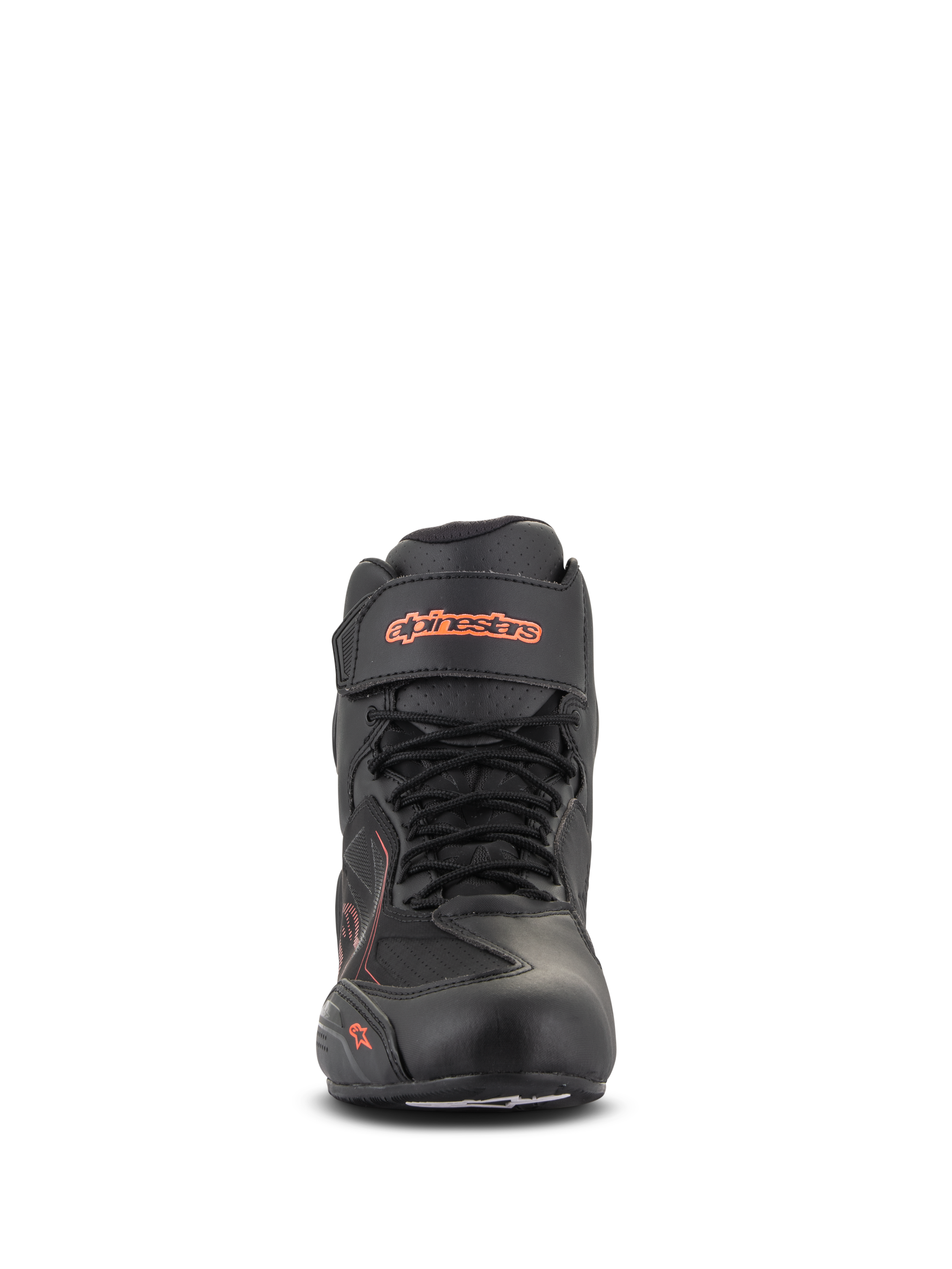 Alpinestars Faster-3 Drystar® sko, sort og rød fluo, set forfra, vandtæt motorcykelsko med mikrofiber-chassis, snøredesign med velcro-ankelrem, fluorescerende logo-branding