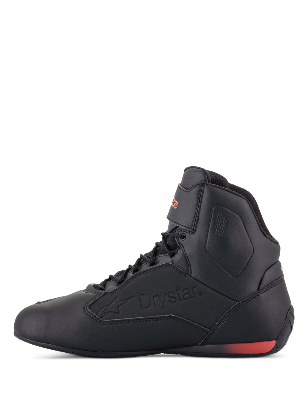 Alpinestars Faster-3 Drystar® sko, motorcykel-køresko, sort og rød fluo, profilvisning fra siden med præget Drystar-logo og rød fluorescerende hældetalje, strømlinet mikrofiber-chassis til by- og landevejskørsel