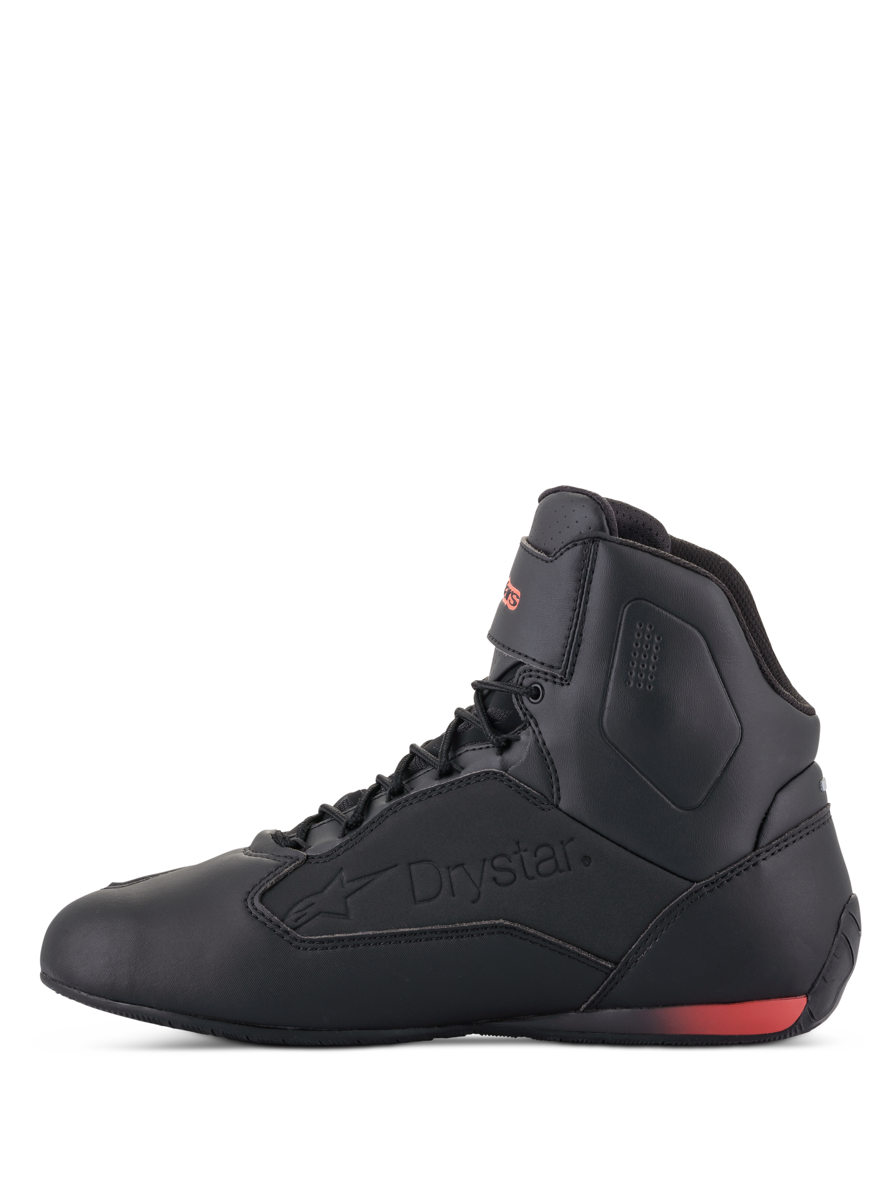 Alpinestars Faster-3 Drystar® sko, motorcykel-køresko, sort og rød fluo, profilvisning fra siden med præget Drystar-logo og rød fluorescerende hældetalje, strømlinet mikrofiber-chassis til by- og landevejskørsel