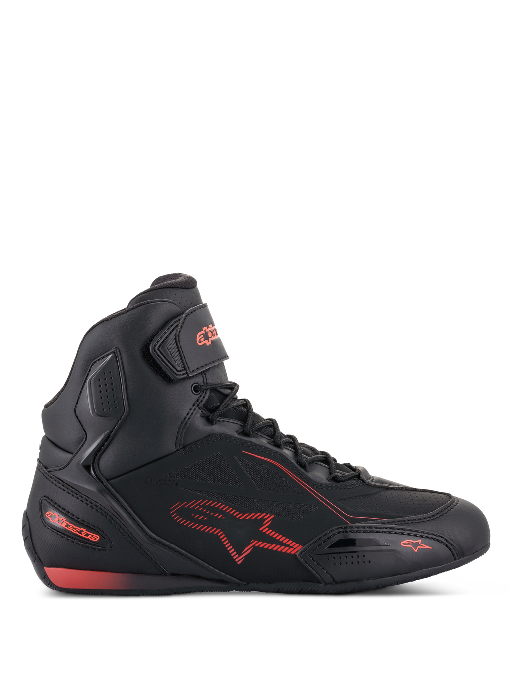 Alpinestars Faster-3 Drystar sko, sort og rød fluo motorcykelsko, profilvisning, high-top sneaker-stil med letvægts mikrofiber-chassis, vandtæt Drystar-membran, rødt stjernelogo og branding, velcrostrop ved anklen og perforerede detaljer for åndbarhed