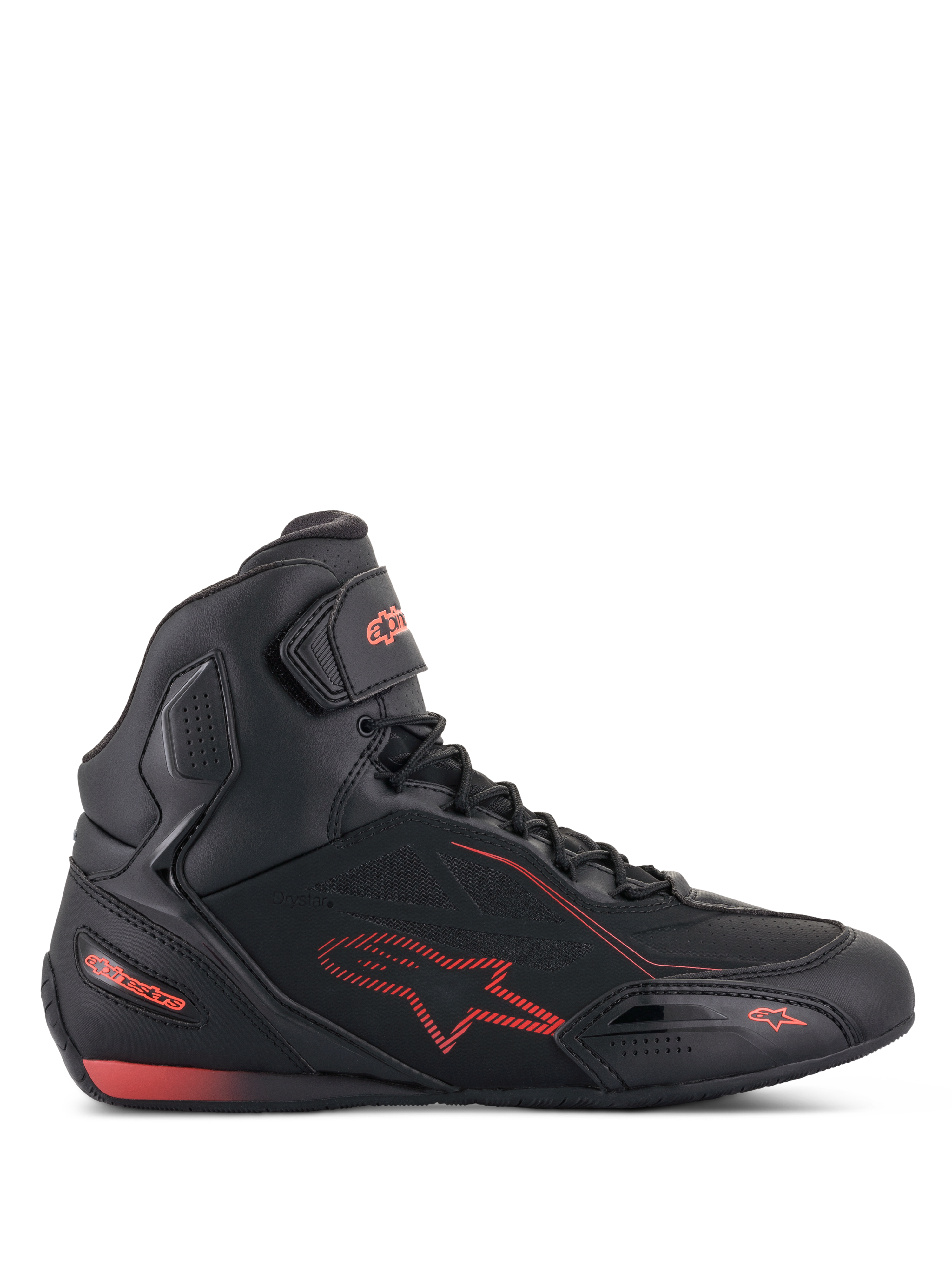 Alpinestars Faster-3 Drystar Shoes, Black and Red Fluo Motorcycle Riding Shoes, side profile view, high-top sneaker style with lightweight microfiber chassis, waterproof Drystar membrane, red star logo and branding, hook-and-loop ankle strap, and perforated details for breathability.