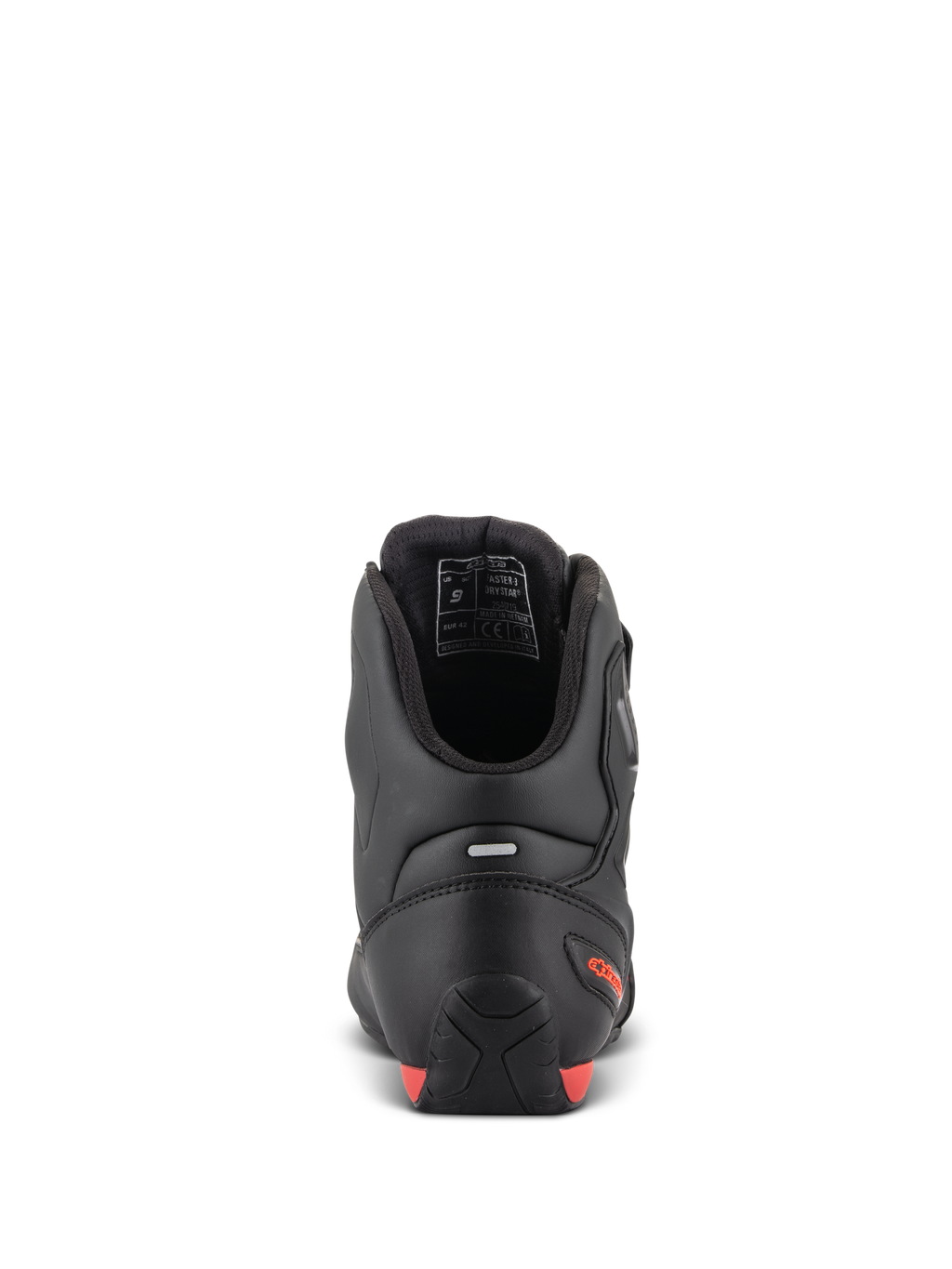 Alpinestars Faster-3 Drystar® sko, motorcykelsko, set bagfra med fokus på hæl og ankel, sort mikrofiber med fluorøde detaljer, refleksstribe for synlighed, sportsinspireret beskyttende fodtøj til vej- og bybrug.