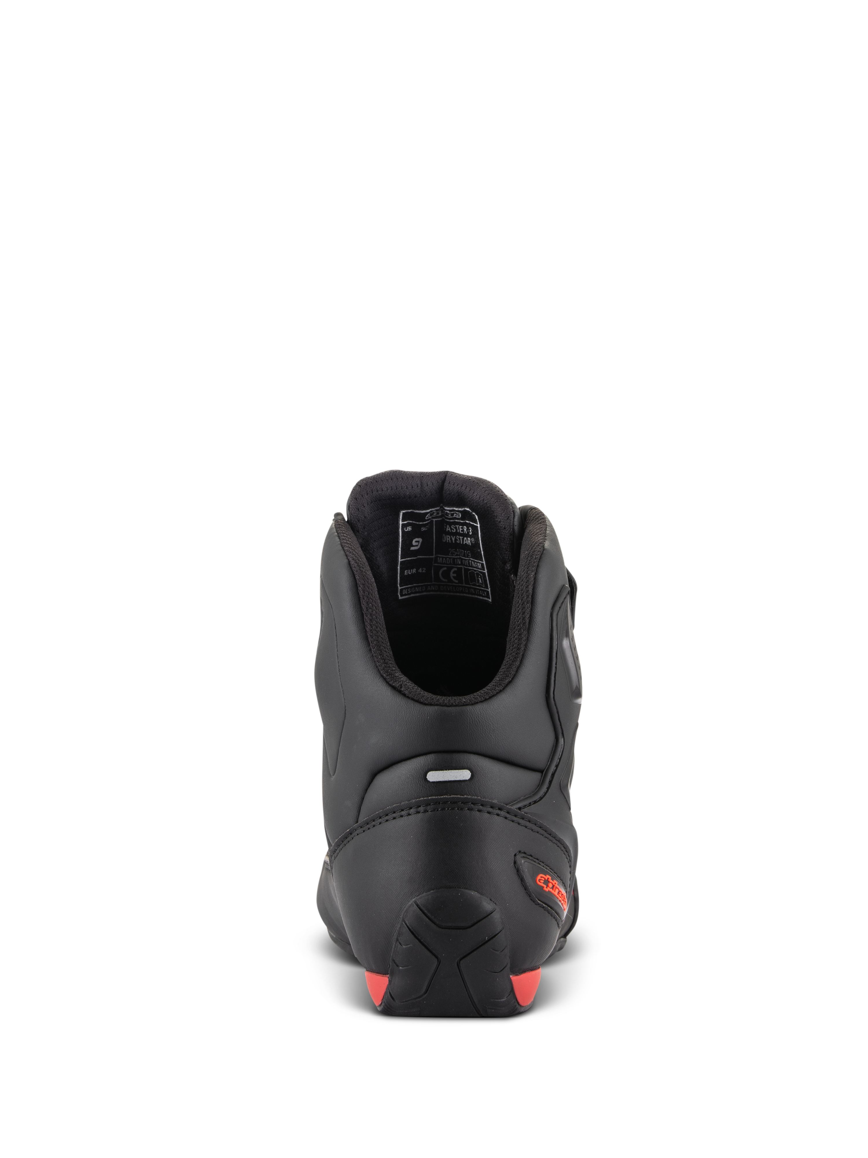 Alpinestars Faster-3 Drystar® sko, motorcykelsko, set bagfra med fokus på hæl og ankel, sort mikrofiber med fluorøde detaljer, refleksstribe for synlighed, sportsinspireret beskyttende fodtøj til vej- og bybrug.
