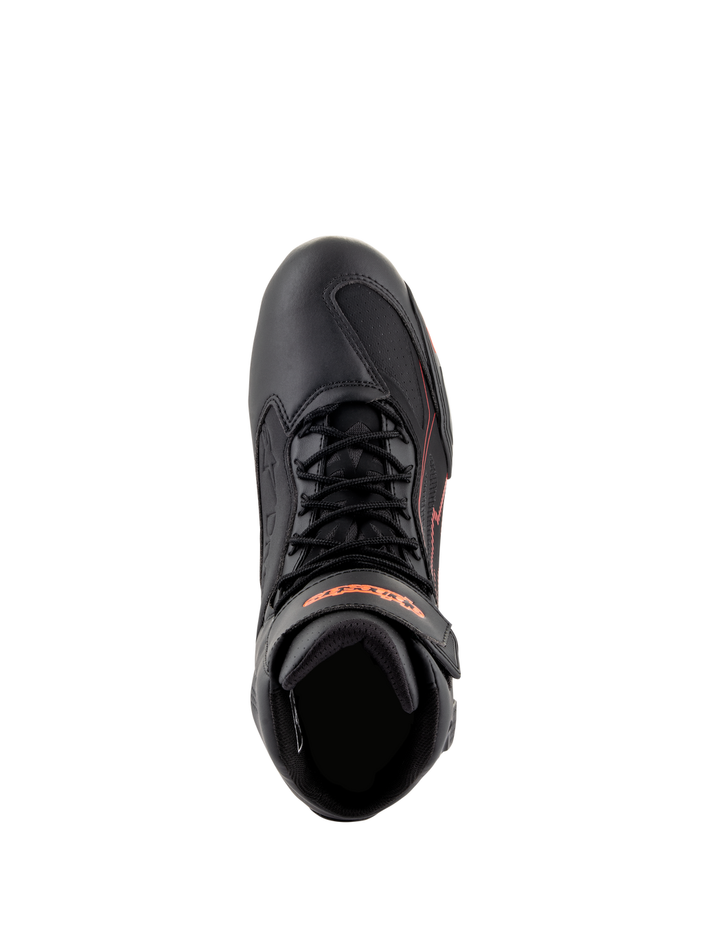 Alpinestars Faster-3 Drystar® sko, motorcykelsko, sort med røde fluo-detaljer, set oppefra med snørebånd og ankelstrop, teknisk mikrofiberkonstruktion