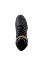Alpinestars Faster-3 Drystar® sko, motorcykelsko, sort med røde fluo-detaljer, set oppefra med snørebånd og ankelstrop, teknisk mikrofiberkonstruktion