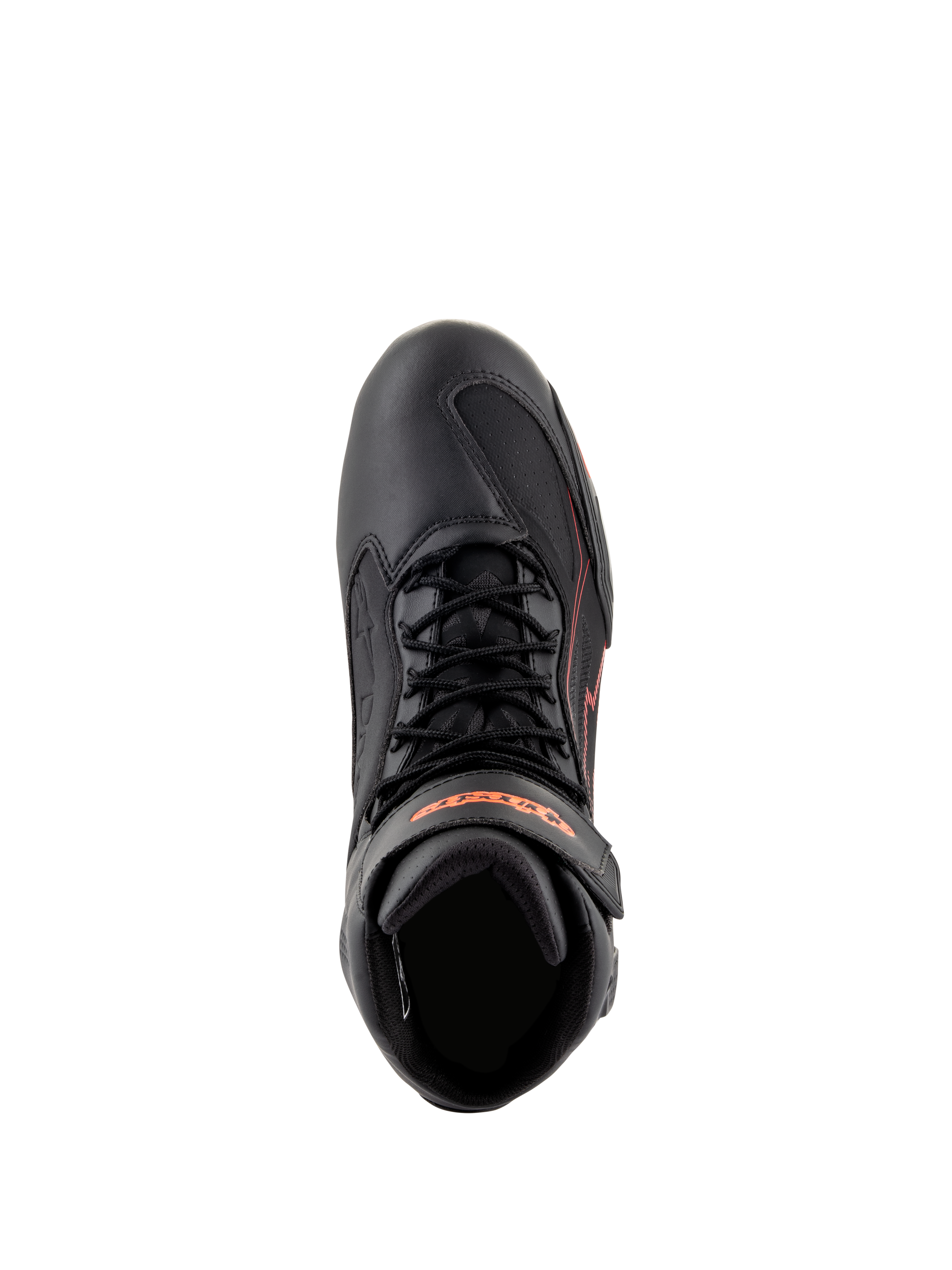 Alpinestars Faster-3 Drystar® sko, motorcykelsko, sort med røde fluo-detaljer, set oppefra med snørebånd og ankelstrop, teknisk mikrofiberkonstruktion