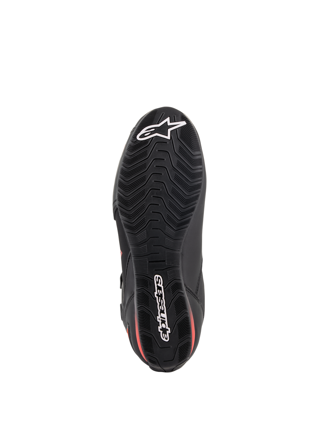 Alpinestars Faster-3 Drystar® sko, motorcykelkøresko, sort og rød fluo, undersiden af sålen, tekstureret gummiydersål med bølget mønster, med hvid Alpinestars-stjerne og tekstlogoer, vandtæt performance-fodtøj