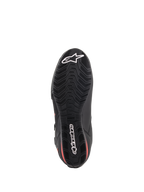 Alpinestars Faster-3 Drystar® sko, motorcykelkøresko, sort og rød fluo, undersiden af sålen, tekstureret gummiydersål med bølget mønster, med hvid Alpinestars-stjerne og tekstlogoer, vandtæt performance-fodtøj