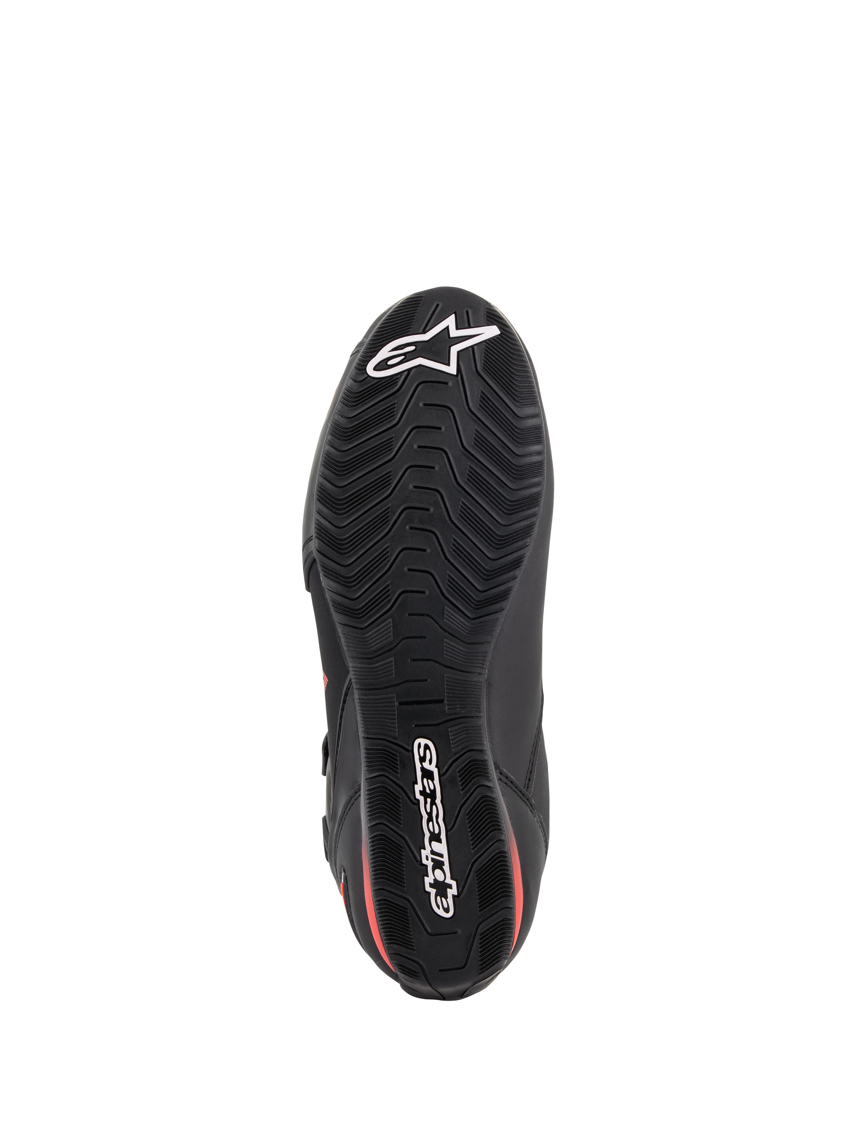 Alpinestars Faster-3 Drystar® sko, motorcykelkøresko, sort og rød fluo, undersiden af sålen, tekstureret gummiydersål med bølget mønster, med hvid Alpinestars-stjerne og tekstlogoer, vandtæt performance-fodtøj