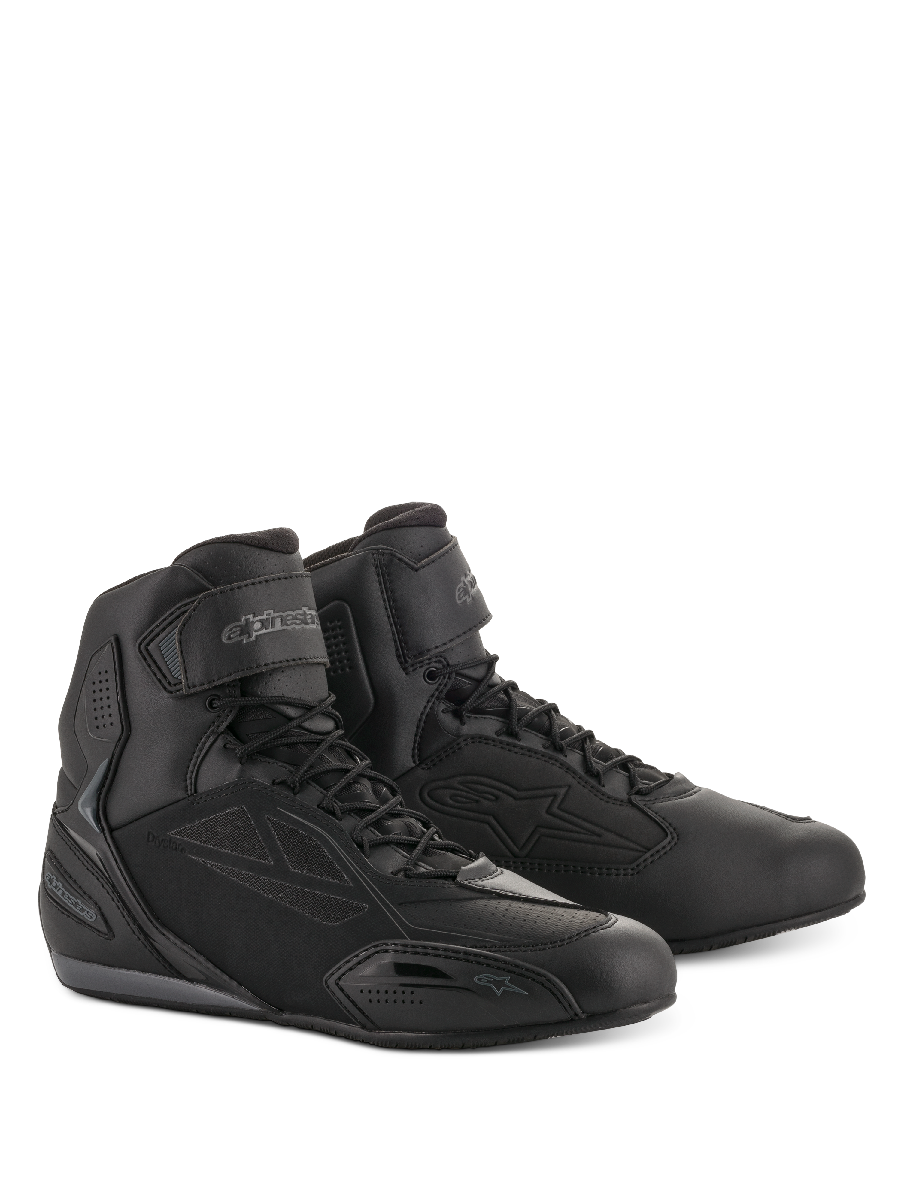 Alpinestars Faster-3 Drystar® køresko, motorcykel-køresko, sort og Cool Gray, high-top design med snørelukning og velcro-ankelrem, strømlinet mikrofiber-chassis med beskyttelsespaneler, vandtæt fodtøj til vejkørsel