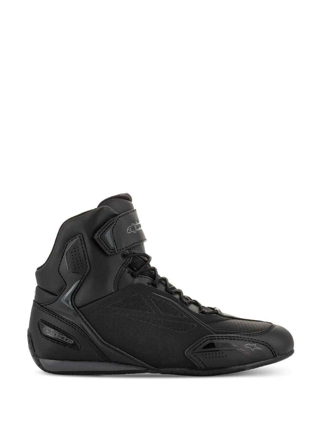 Alpinestars Faster-3 Drystar motorcykelsko, motorcykel-sneakers i sort og Cool Gray, højskaftet design med snørebånd og velcrostrop, vandtæt mikrofiber-chassis, sporty fodtøj til landevejskørsel