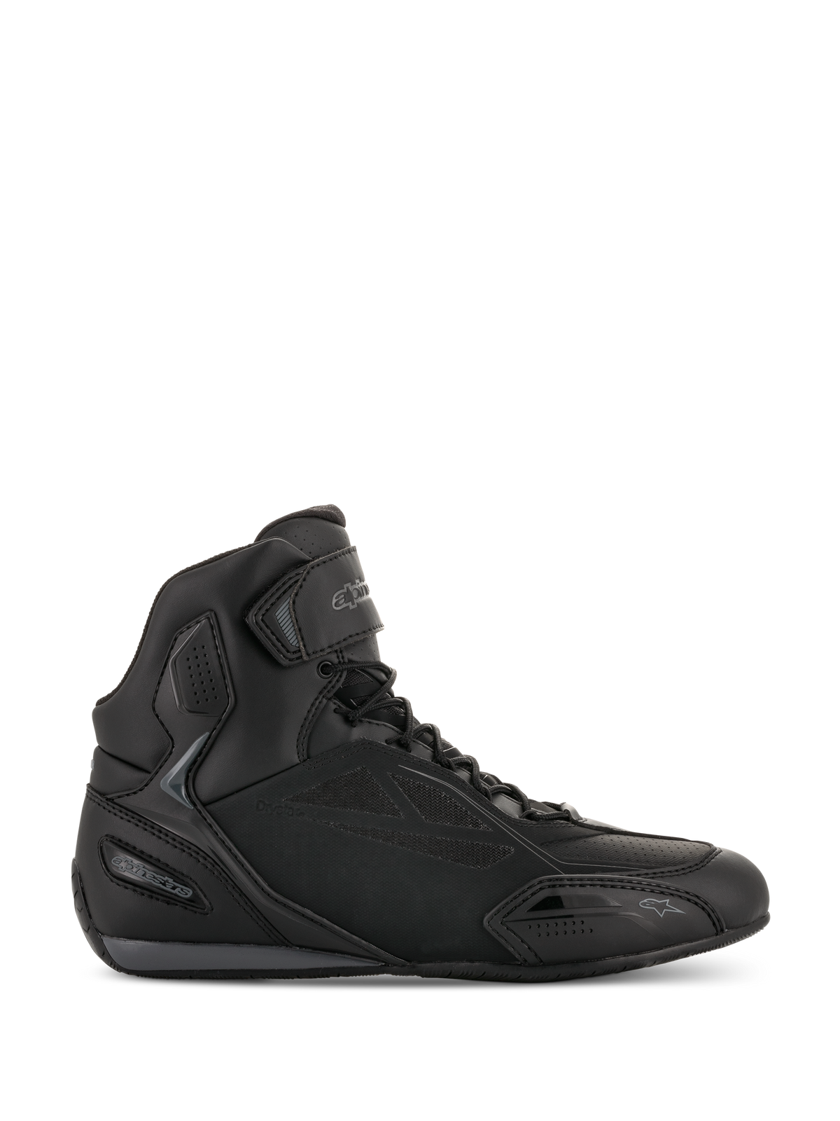 Alpinestars Faster-3 Drystar motorcykelsko, motorcykel-sneakers i sort og Cool Gray, højskaftet design med snørebånd og velcrostrop, vandtæt mikrofiber-chassis, sporty fodtøj til landevejskørsel