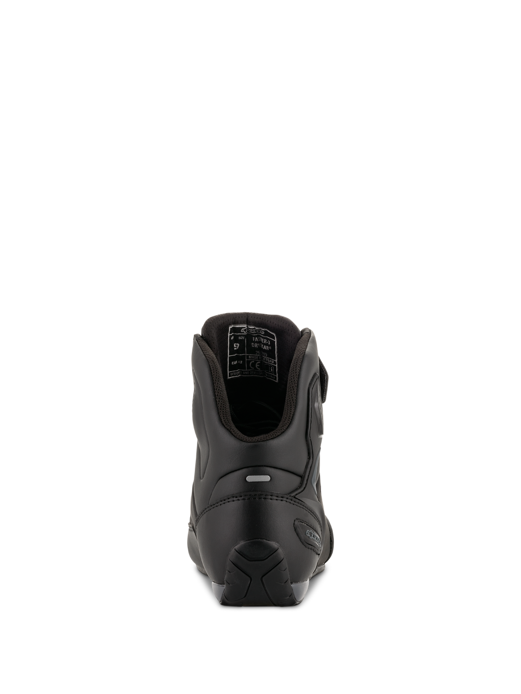 Alpinestars Faster-3 Drystar® køresko, Black Cool Gray, set bagfra, viser hælforstærkning, refleksdetalje og indvendig foring, vandtæt mikrofiberkonstruktion til vejkørsel.