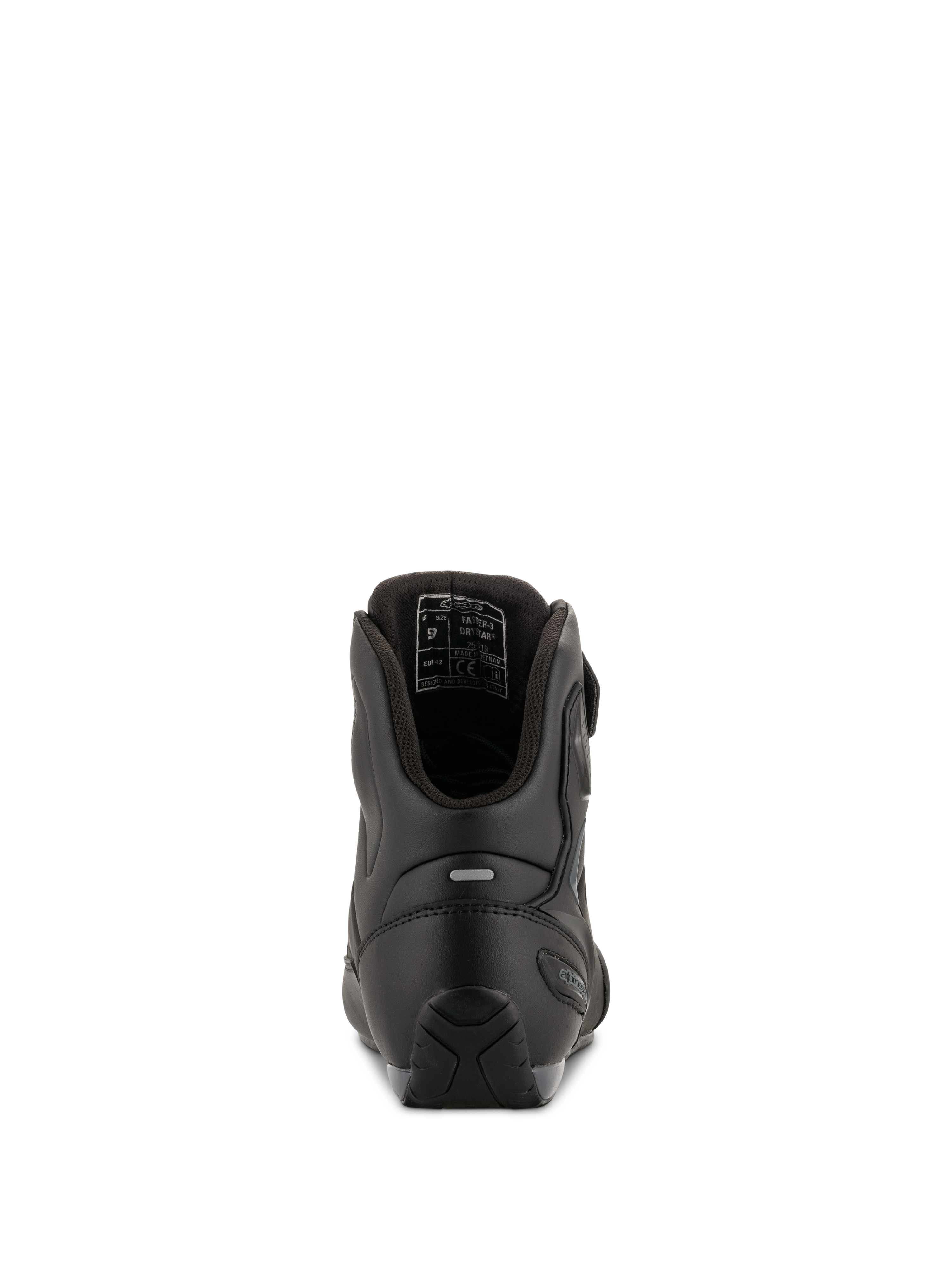 Alpinestars Faster-3 Drystar® køresko, Black Cool Gray, set bagfra, viser hælforstærkning, refleksdetalje og indvendig foring, vandtæt mikrofiberkonstruktion til vejkørsel.