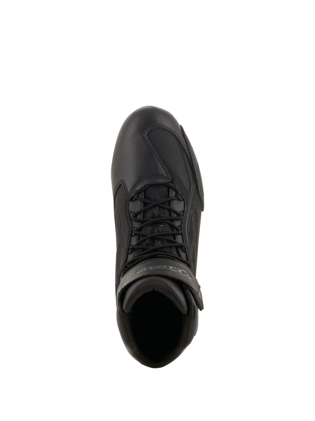 Alpinestars Faster-3 Drystar® køresko, motorcykel-køresko, sort og grå, set oppefra viser mikrofiber-chassis, sorte snørebånd og velcro-ankelrem, teknisk sportsinspireret design til vejkørsel i al slags vejr