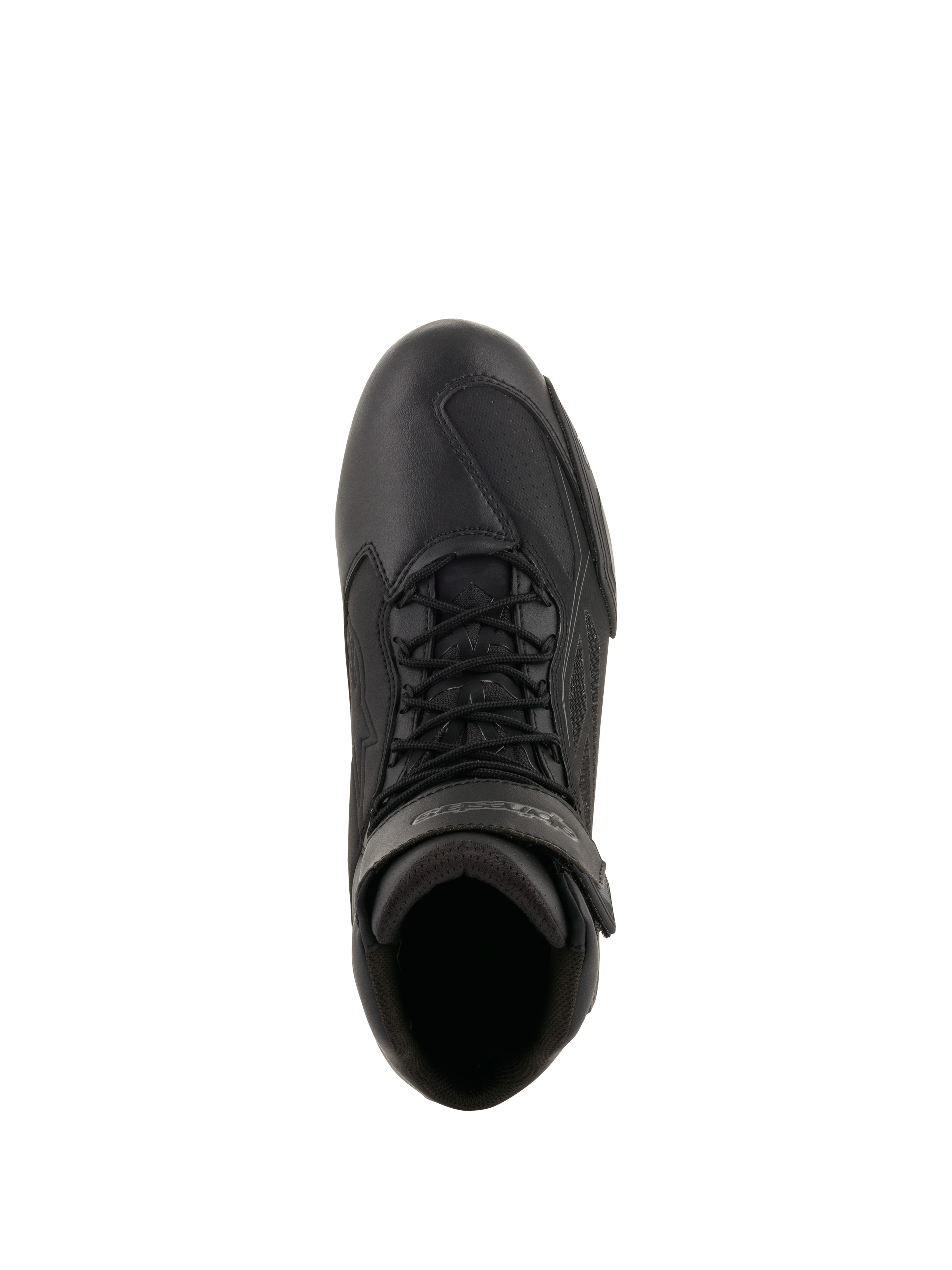 Alpinestars Faster-3 Drystar® køresko, motorcykel-køresko, sort og grå, set oppefra viser mikrofiber-chassis, sorte snørebånd og velcro-ankelrem, teknisk sportsinspireret design til vejkørsel i al slags vejr