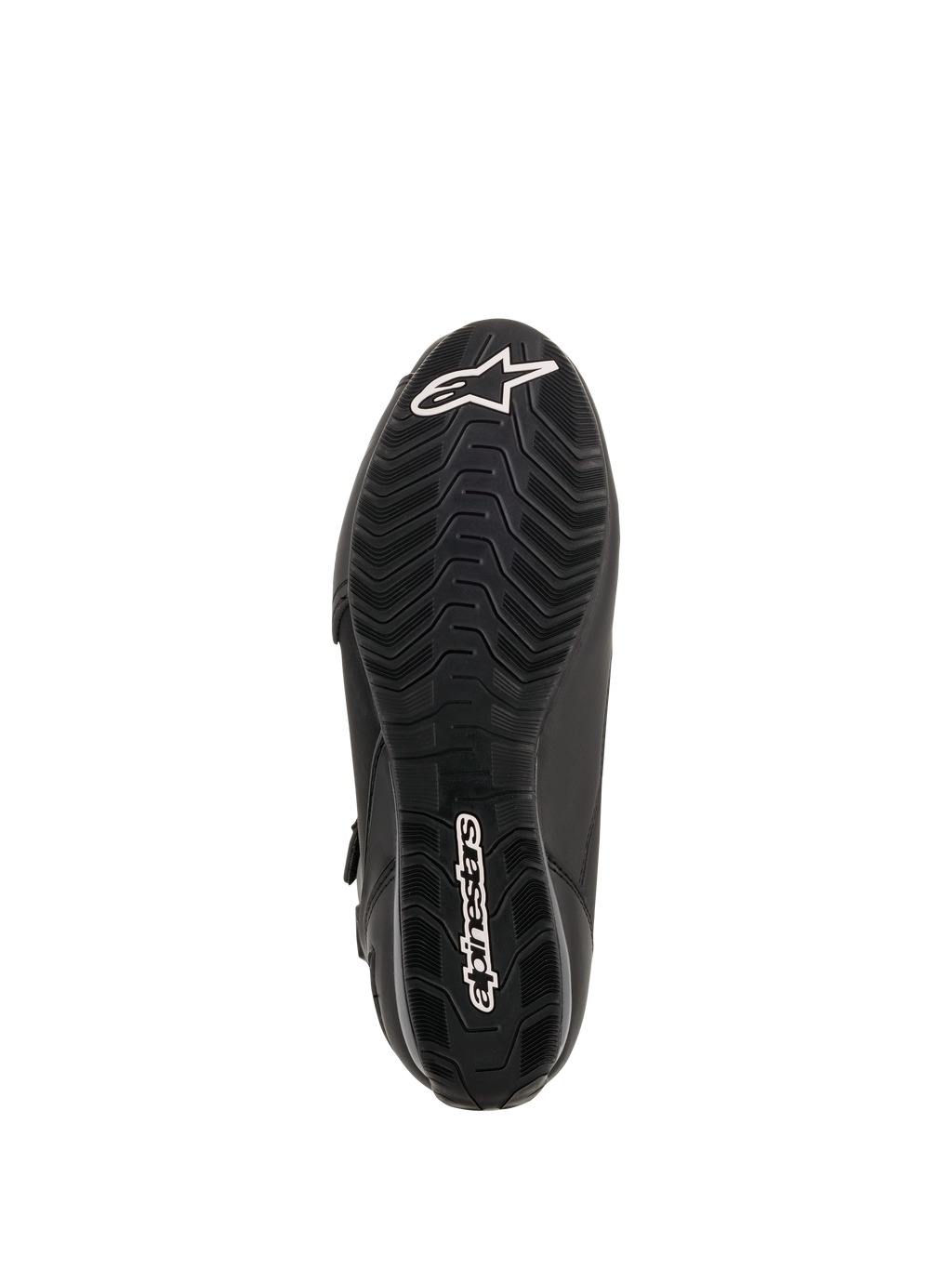 Alpinestars Faster-3 Drystar® køresko, visning af sålen, sort gummisål med bølgeformet mønster, hvidt Alpinestars stjernelogo på tåen og logotekst på hælen, teknisk motorcykelfodtøj