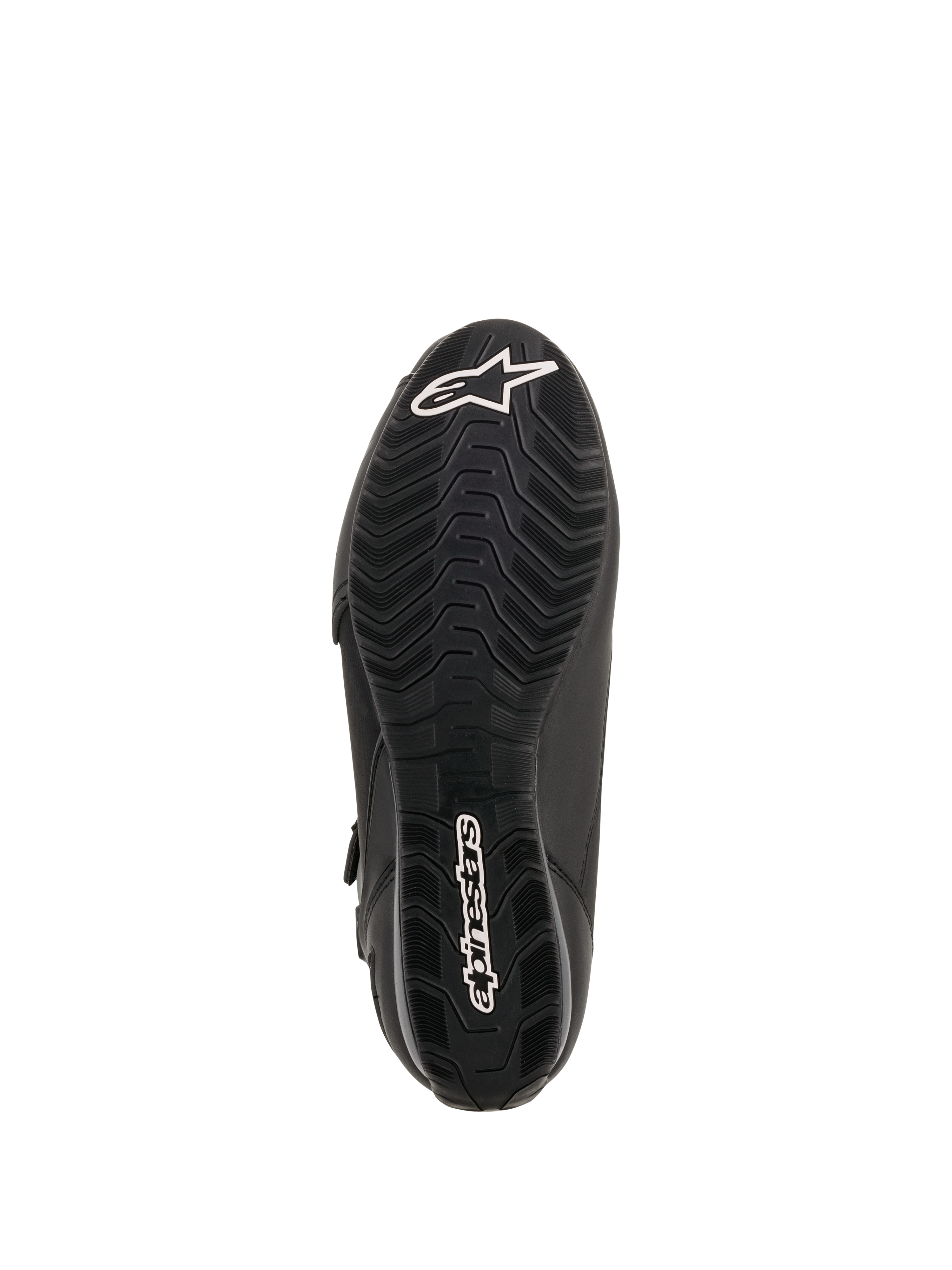 Alpinestars Faster-3 Drystar® køresko, visning af sålen, sort gummisål med bølgeformet mønster, hvidt Alpinestars stjernelogo på tåen og logotekst på hælen, teknisk motorcykelfodtøj