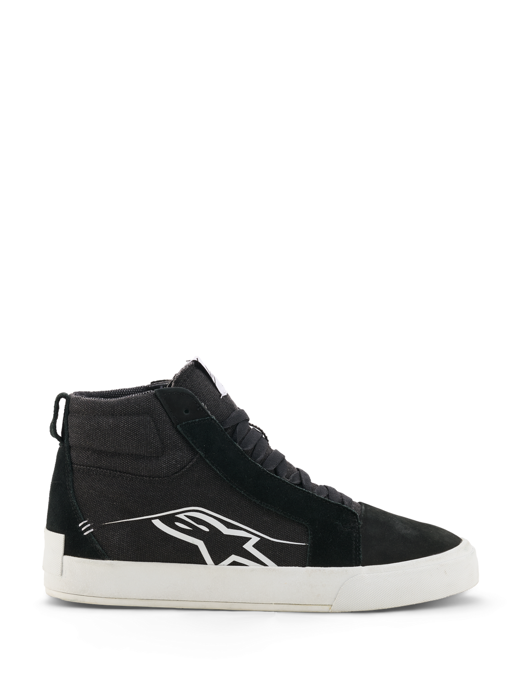 Alpinestars Ride-63 Canvas sko, sorte og hvide high-top motorcykel-sneakers, urban casual fodtøj til kørsel, overdel i canvas og ruskind, sideprofil med hvidt Astars-logo, flad hvid gummisål
