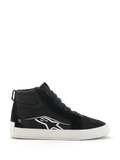 Alpinestars Ride-63 Canvas sko, sorte og hvide high-top motorcykel-sneakers, urban casual fodtøj til kørsel, overdel i canvas og ruskind, sideprofil med hvidt Astars-logo, flad hvid gummisål