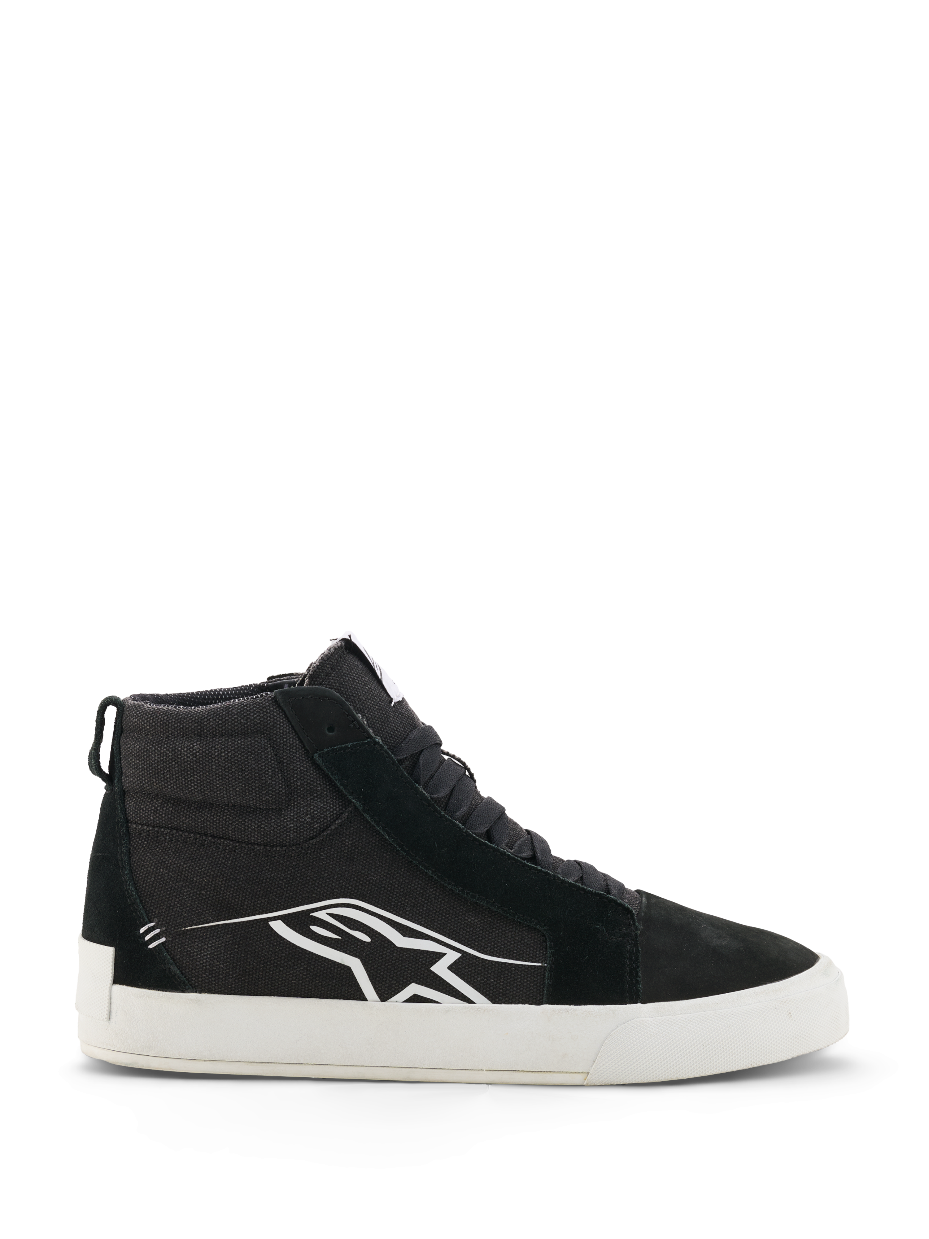 Alpinestars Ride-63 Canvas sko, sorte og hvide high-top motorcykel-sneakers, urban casual fodtøj til kørsel, overdel i canvas og ruskind, sideprofil med hvidt Astars-logo, flad hvid gummisål