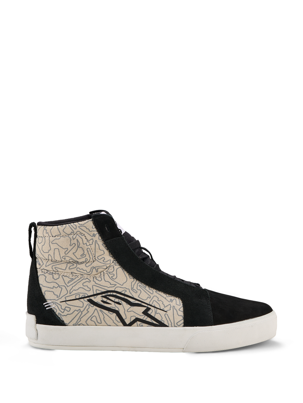 Alpinestars Ride-63 Canvas-sko, urbane motorcykelsko, sort og Cool Gray med hvid sål, high-top skate-inspireret design med mønstrede tekstilsidestykker og sorte ruskindsoverlays, stort sort Alpinestars-logo, vulkaniseret gummisål