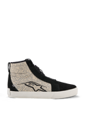Alpinestars Ride-63 Canvas-sko, urbane motorcykelsko, sort og Cool Gray med hvid sål, high-top skate-inspireret design med mønstrede tekstilsidestykker og sorte ruskindsoverlays, stort sort Alpinestars-logo, vulkaniseret gummisål