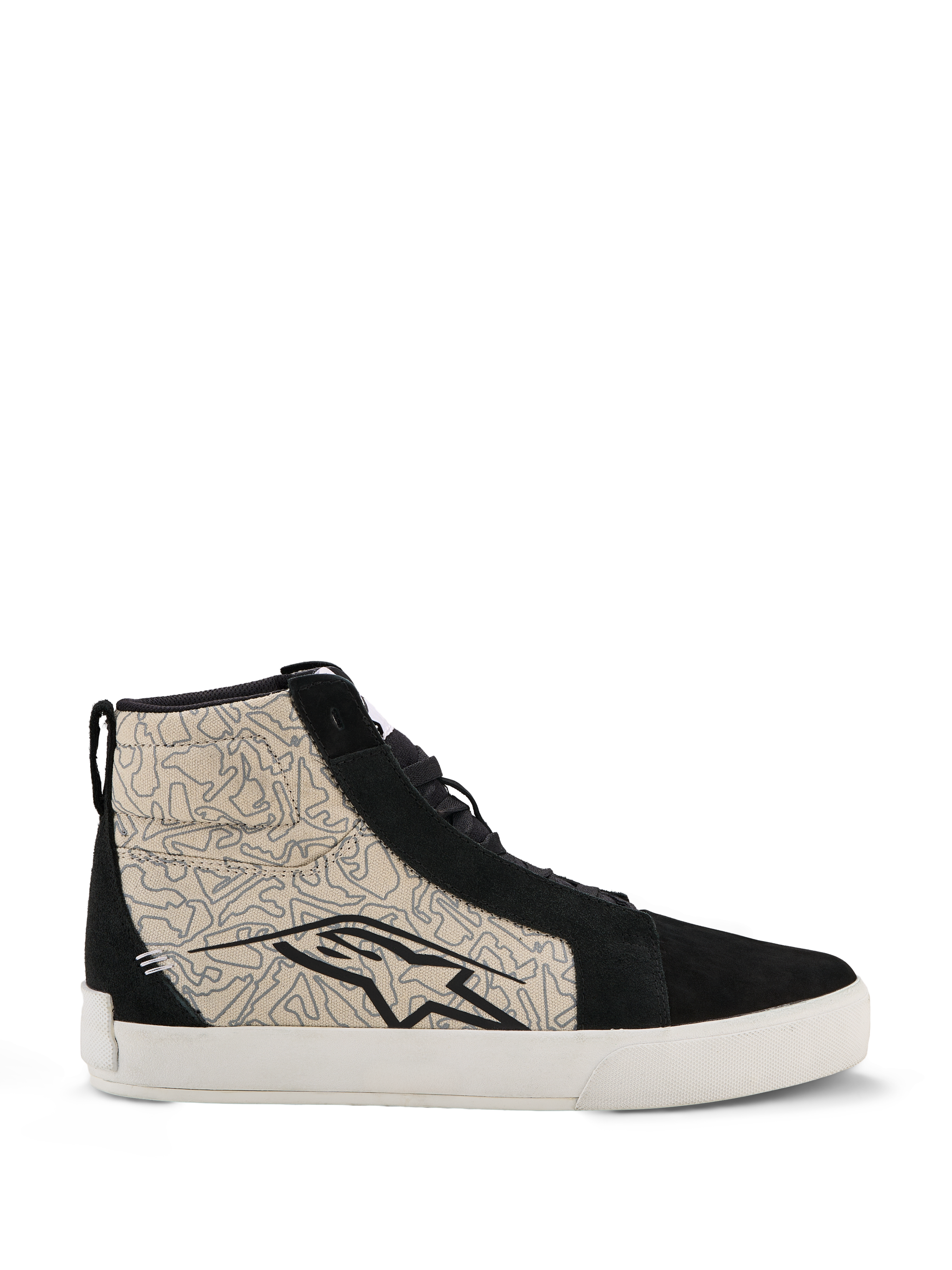 Alpinestars Ride-63 Canvas-sko, urbane motorcykelsko, sort og Cool Gray med hvid sål, high-top skate-inspireret design med mønstrede tekstilsidestykker og sorte ruskindsoverlays, stort sort Alpinestars-logo, vulkaniseret gummisål