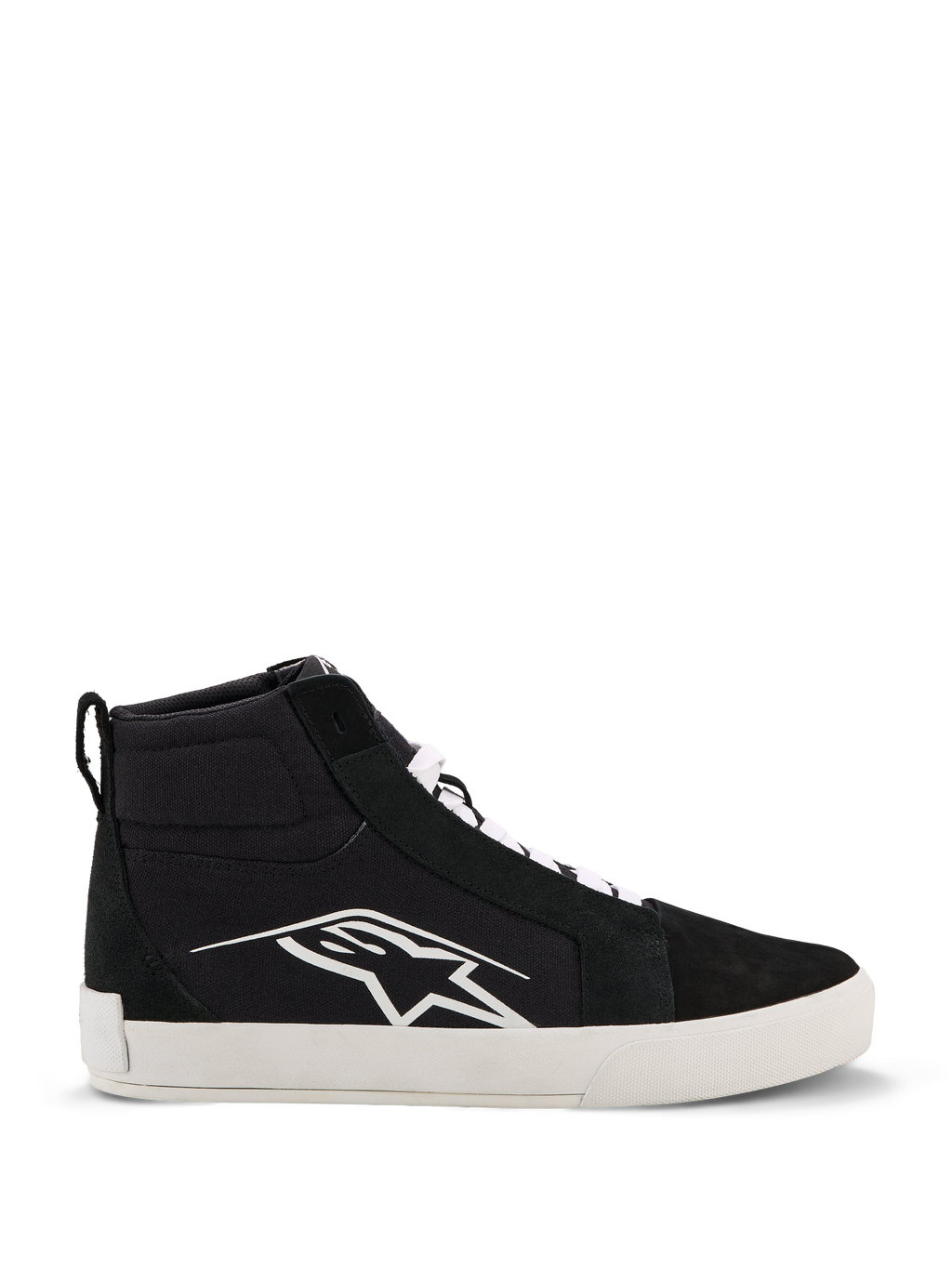 Alpinestars Ride-63 Canvas sko, urbane motorcykelsko, sort og hvid, stort hvidt Astars-logo på siden, tyk hvid flad sål, hvide snørebånd, afslappet high-top sneakerdesign