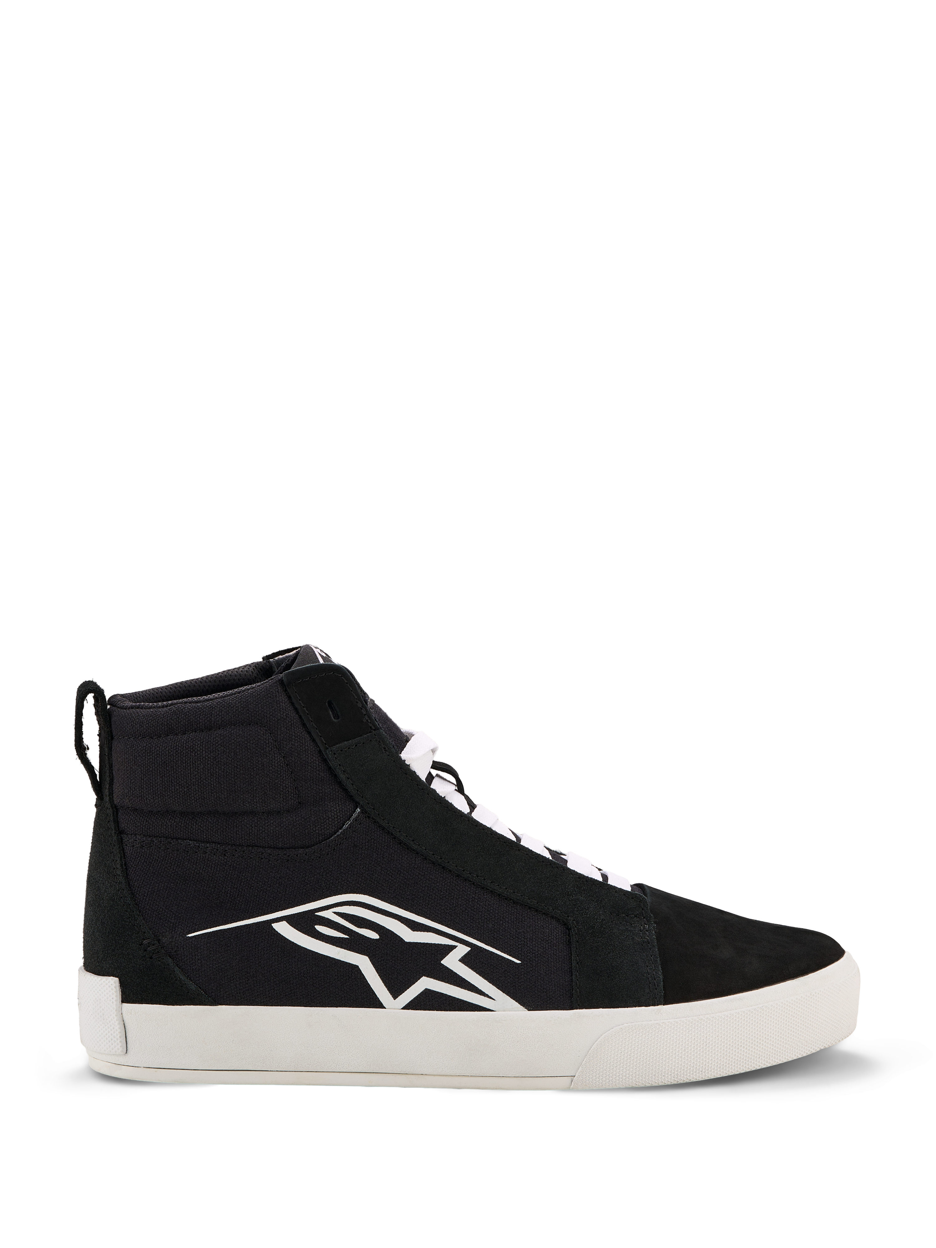 Alpinestars Ride-63 Canvas Shoes, Urban Motorcycle Riding Shoes, Black and White, Large white Astars logo on the side, thick white flat sole, white laces, casual high-top sneaker design