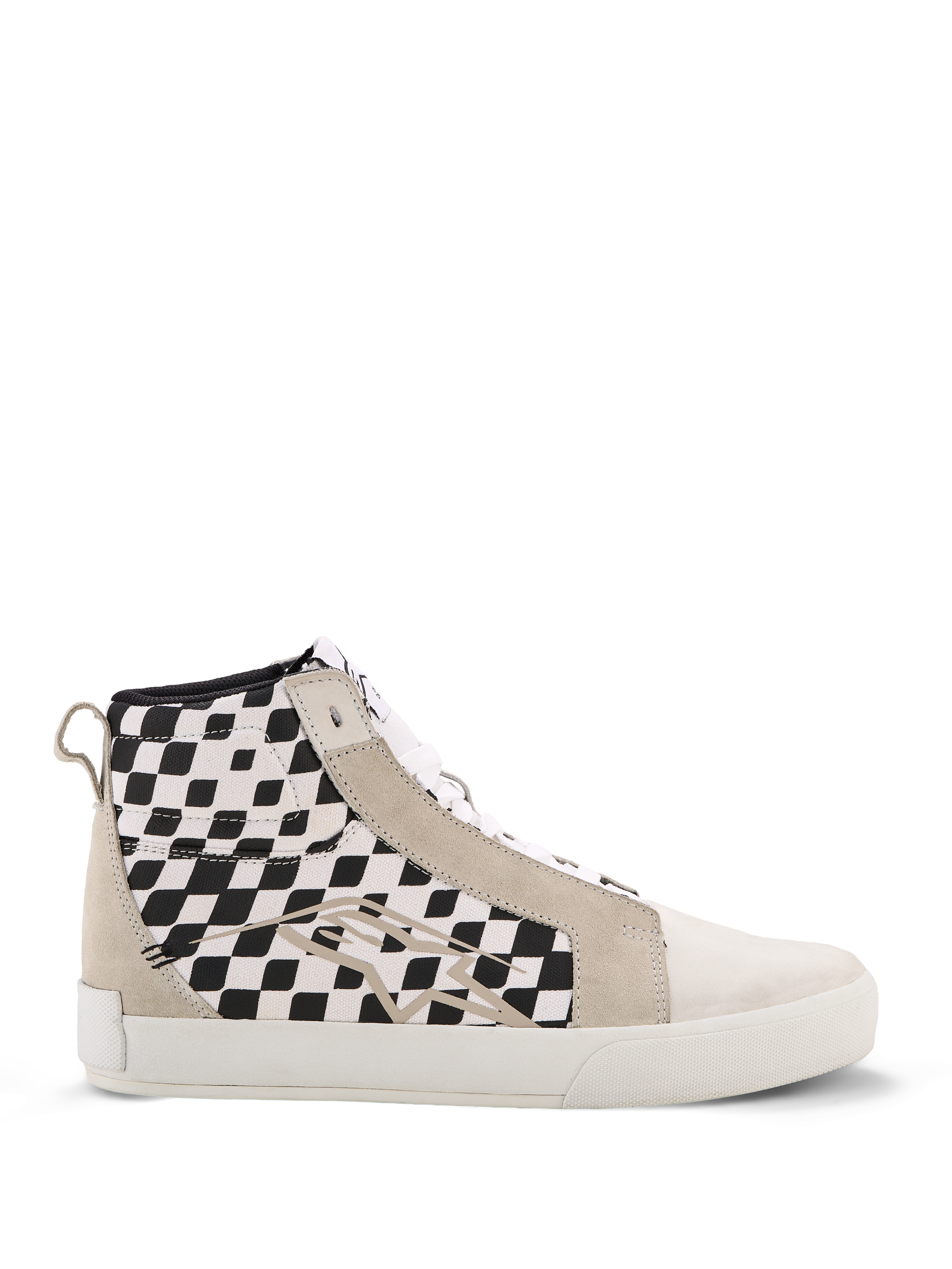 Alpinestars Ride-63 Canvas Shoes, High-Top Urban Motorcycle Sneakers, White and Black Checkered Side Panels, Beige Suede Overlays, White Vulcanized Sole, Casual Motorsport-Inspired Footwear