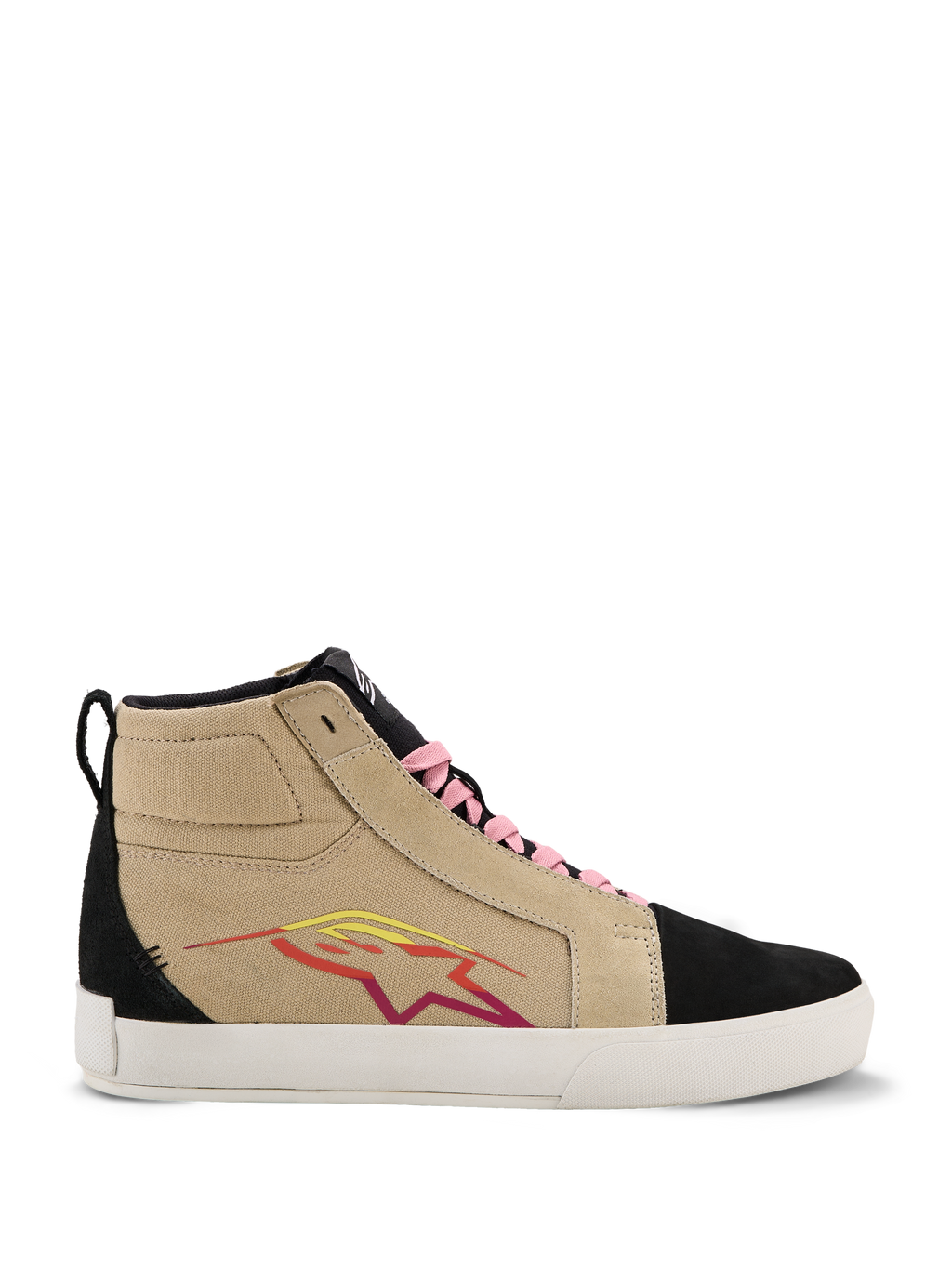 Alpinestars Ride-63 Canvas-sko, høje sneakers, beige og sort, pink snørebånd, hvid sål, multifarvet stjernelogo i rød og gul, ruskindslignende tekstur, afslappet motorsport-inspireret fodtøj
