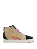 Alpinestars Ride-63 Canvas-sko, høje sneakers, beige og sort, pink snørebånd, hvid sål, multifarvet stjernelogo i rød og gul, ruskindslignende tekstur, afslappet motorsport-inspireret fodtøj